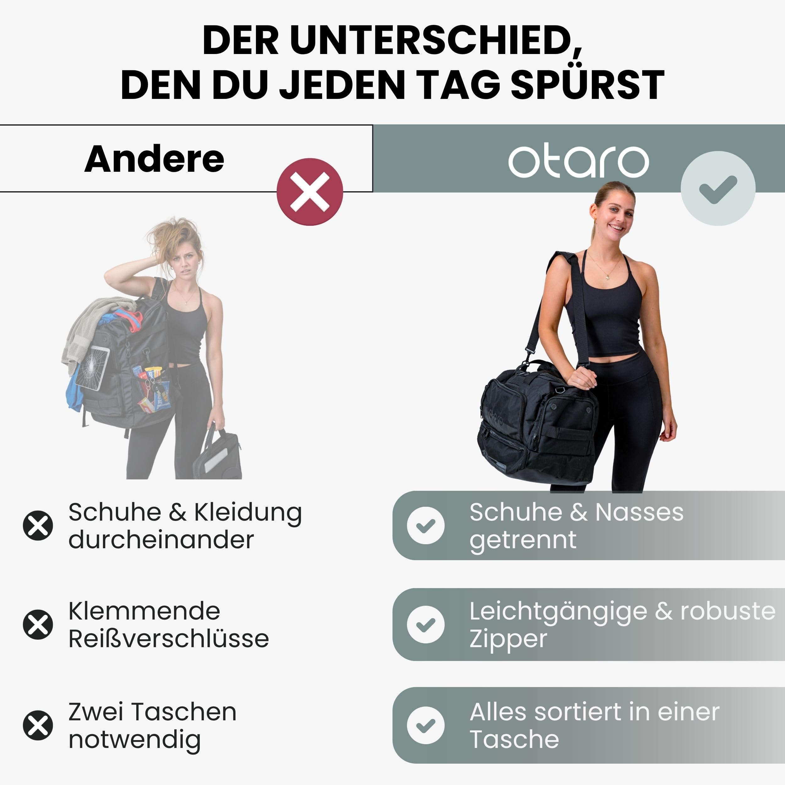 OTARO Sporttasche mit Schuhfach & Nassfach – 50L Reise- & Fitnesstasche mit Laptopfach, Rucksackgurten, vielen Fächern & wasserdichtem Fach – robuste Reisetasche für Damen & Herren (schwarz)