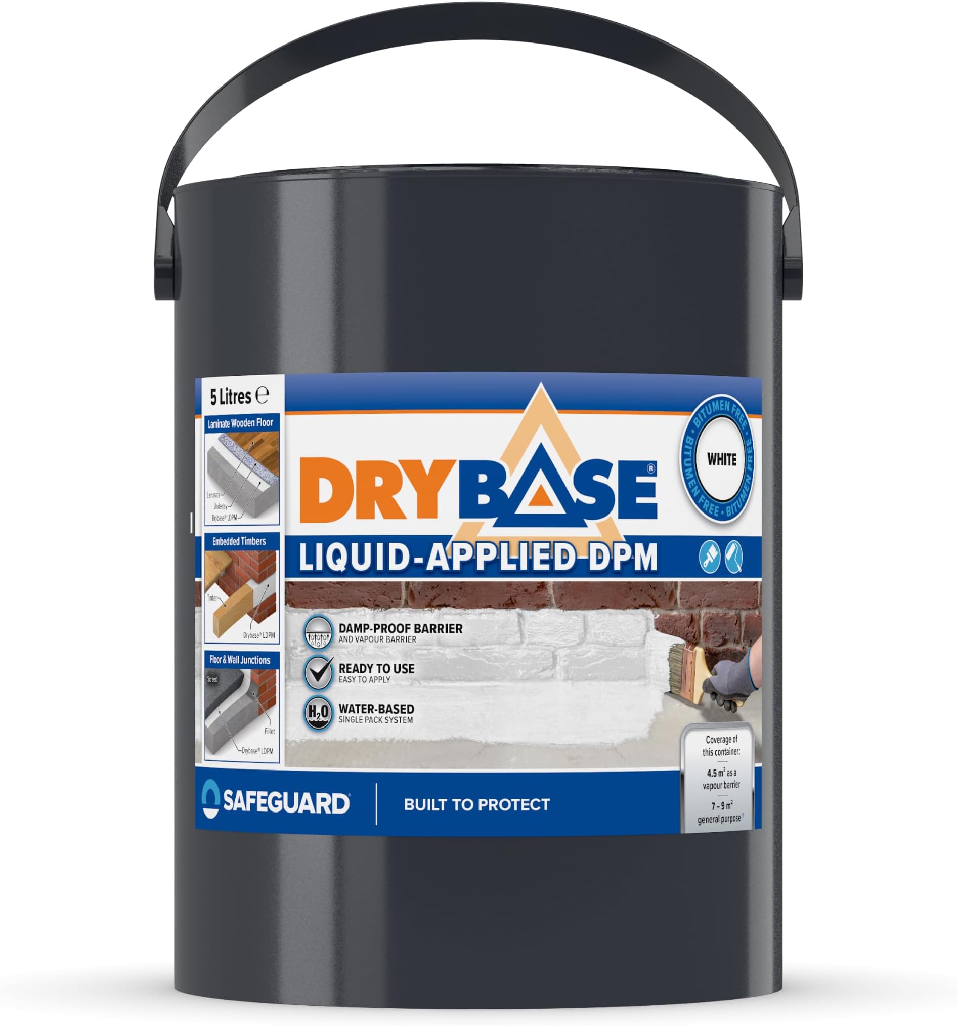 Drybase Liquid Damp Proof Membrane (5 Litre, White) - Damp Proofing Paint for Internal Walls and Floors. Waterproof Paint
