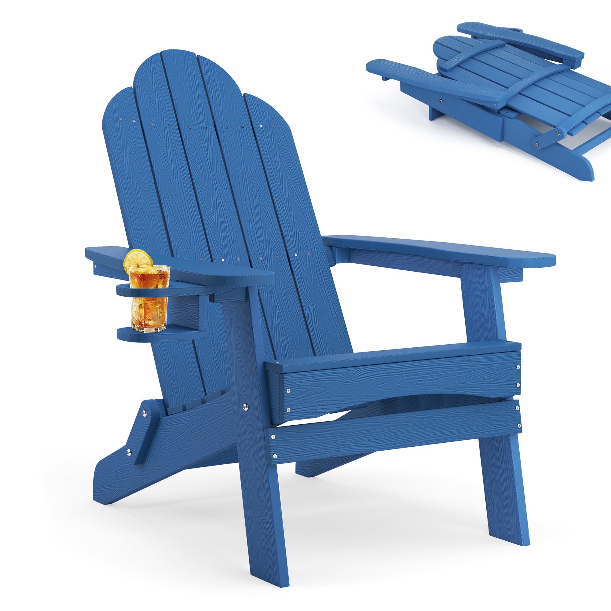 LUE BONA Adirondack Stuhl Klappbar aus Wetterfestem HDPS - 17.1 kg Schwerer Gartenstuhl mit Holzmaserung für Garten, Blau
