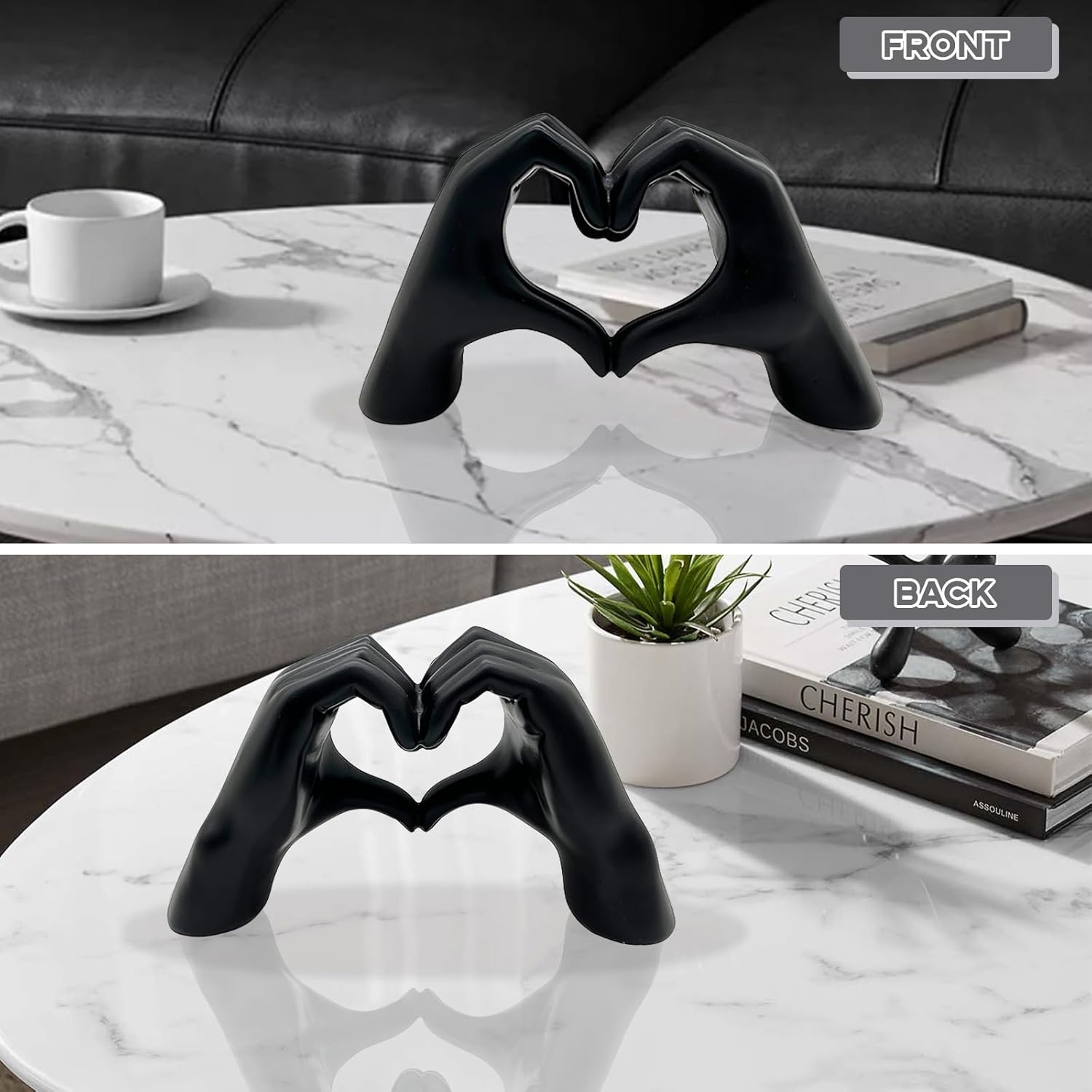 Adompacat Heart Hands Sculpture Gold Decor Statue, Love Finger Aesthetic Art Decor for Living Room Bedroom Bookshelf Coffe Table,Modern Hand Sculpture for Boho Wedding Decorations(Black,2pcs)