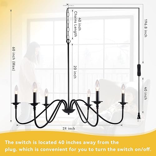 Miniatura 2 de HOXIYA Candelabro enchufable premontado, lámpara negra de 28 pulgadas con cable largo, lámpara colgante moderna, luces al aire libre para cenador,
