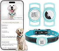 Coleira de Couro Legítimo para Cães com Capa Protetora de Silicone para AirTag, Plaquinha de Identificação, Rastreador Pet, Ajustável e Acolchoada, Cães de Pequeno Porte (Turquesa, M)