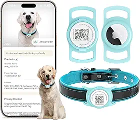 Coleira de Couro Legítimo para Cães com Capa Protetora de Silicone para AirTag, Plaquinha de Identificação, Rastreador Pet, Ajustável e Acolchoada, Cães de Pequeno Porte (Turquesa, M)
