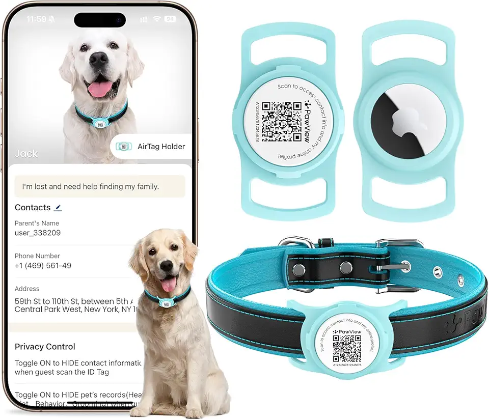 Coleira de Couro Legítimo para Cães com Capa Protetora de Silicone para AirTag, Plaquinha de Identificação, Rastreador Pet, Ajustável e Acolchoada, Cães de Pequeno Porte (Turquesa, M)