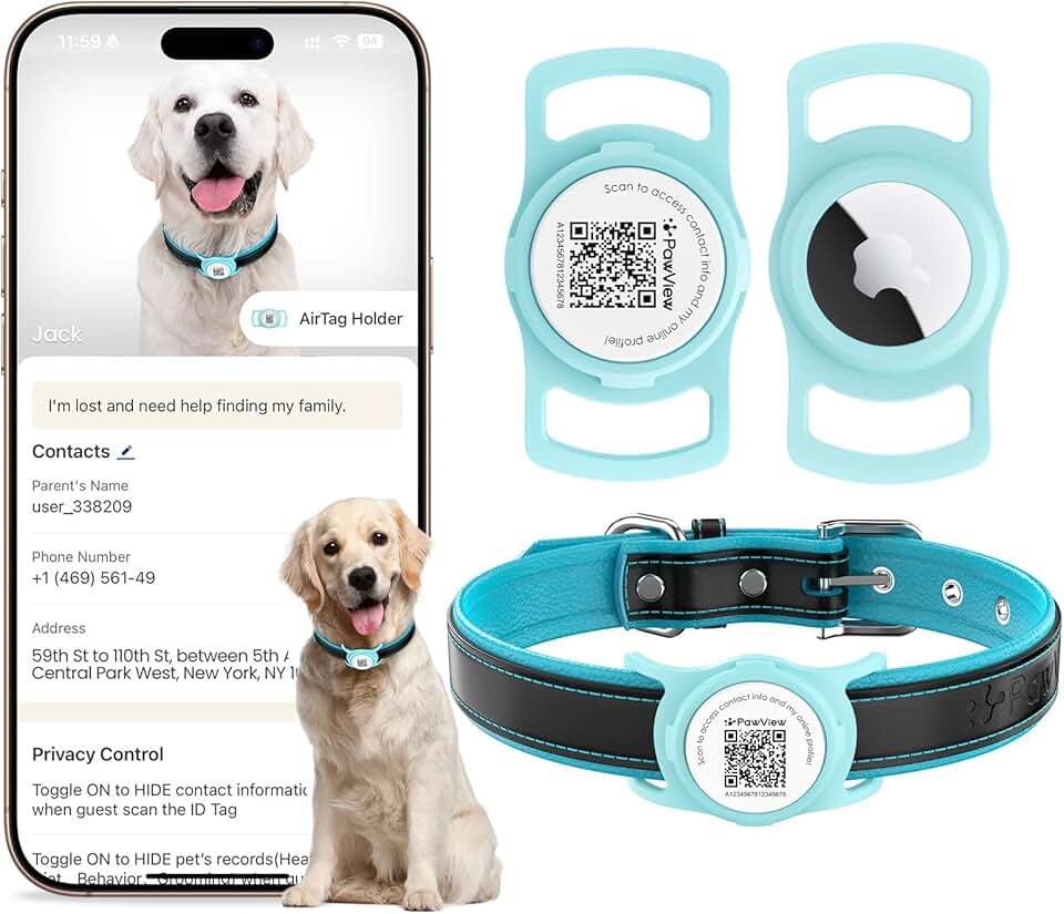 Coleira de Couro Legítimo para Cães com Capa Protetora de Silicone para AirTag, Plaquinha de Identificação, Rastreador Pet, Ajustável e Acolchoada, Cães de Pequeno Porte (Turquesa, M)