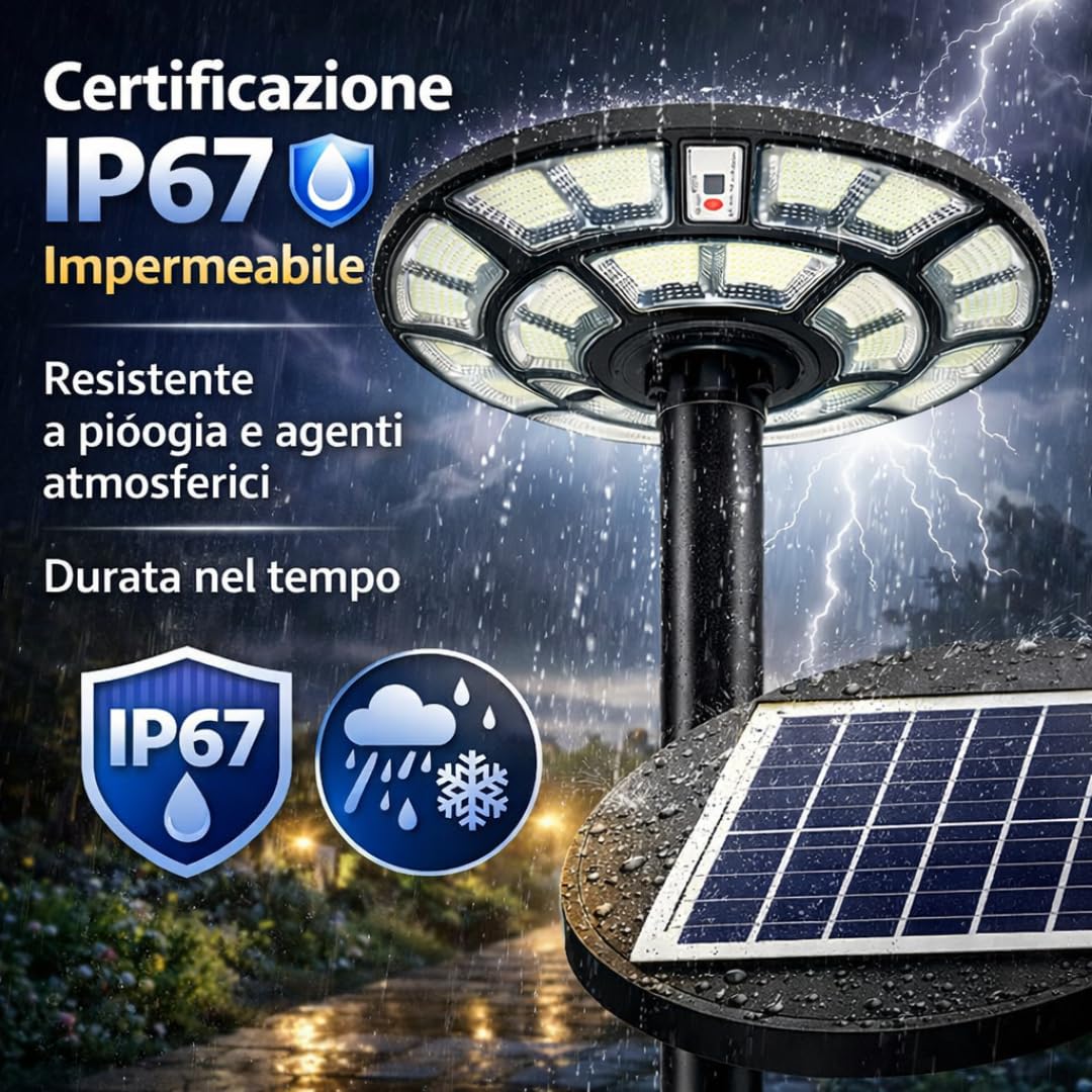 DE ROSA SHOP Lampione Solare Led Esterno, Lampione da Giardino 1200 Watt forma Ufo con Telecomando, Sensore di Movimento e Crepuscolare, Luce Bianco Fredda, Impermeabile IP 67.