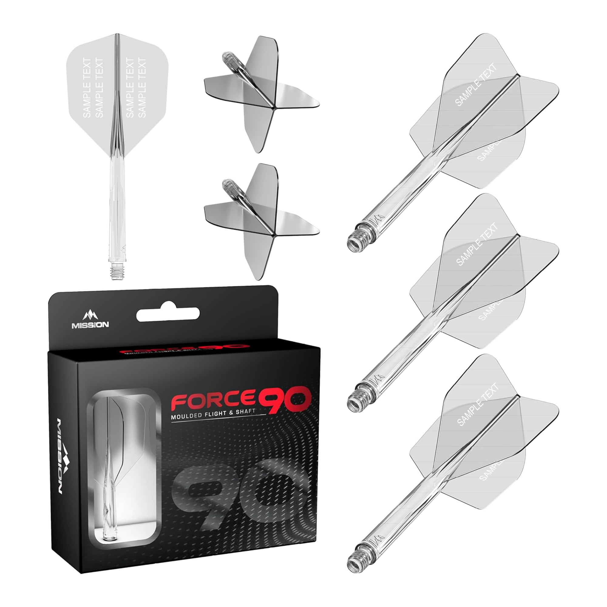 Mission Darts Force 90 | Personalised Integrated Precision Moulded Dart Flight And Shaft System, Highly Durable Combined Dart Flights And Stems | Standard No.6. (Clear, Tweenie)