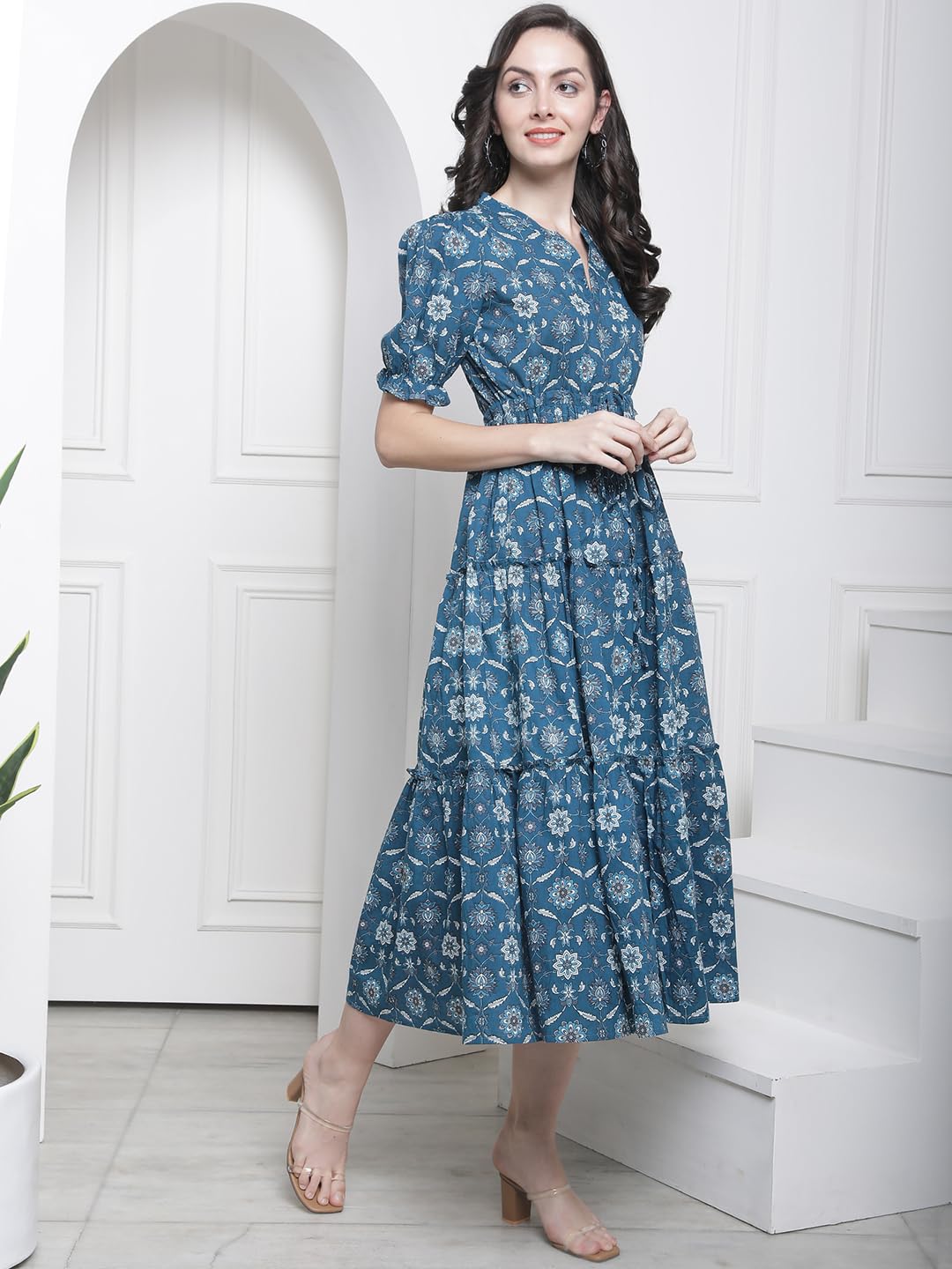 Claura Blue Floral Printed Mandarin Collar Tiered Cotton Cambric Fit & Flare Midi Dress (Large) 4