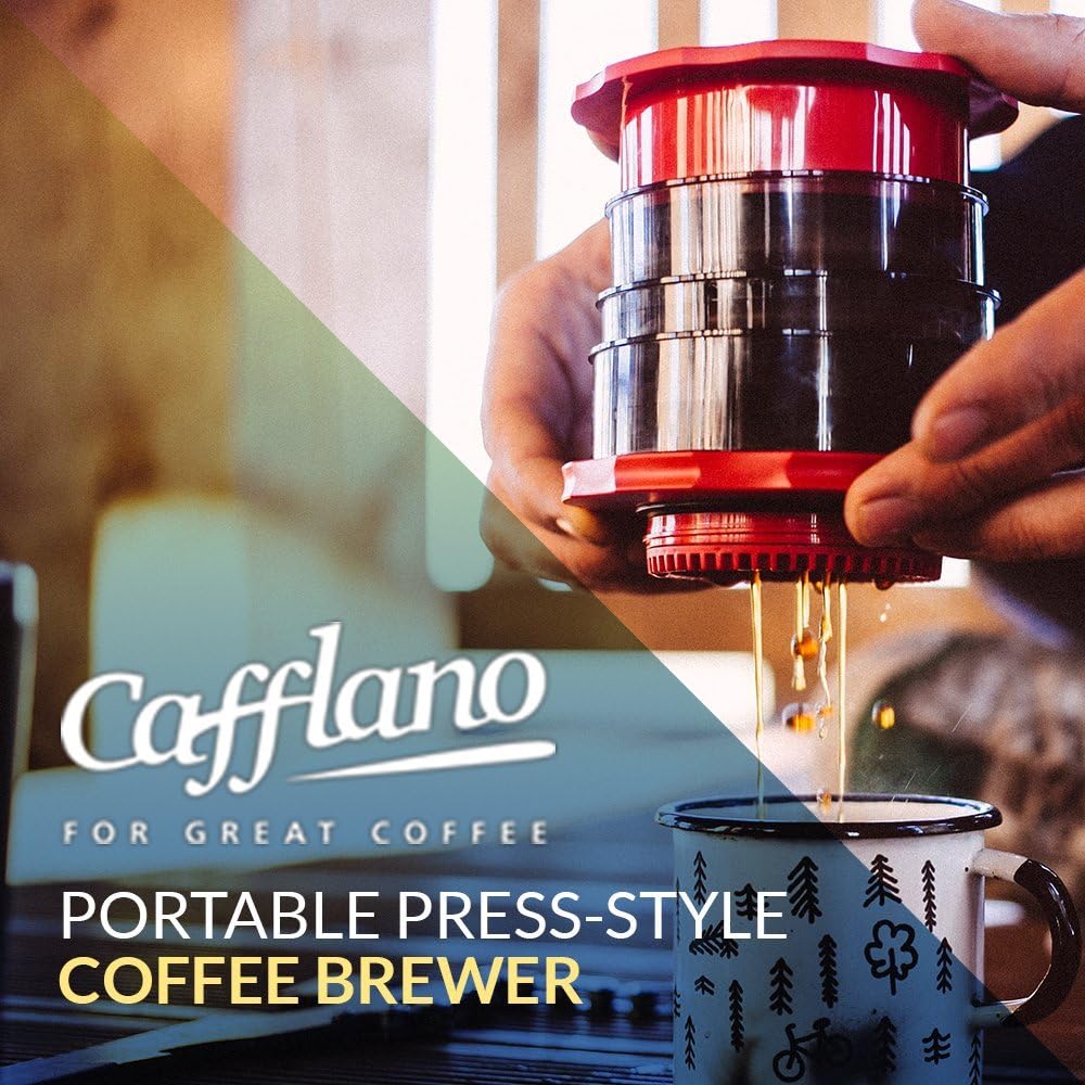 Cafflano Kompact Portable Coffee Maker - Red - Travel Hot and Cold Coffee Brewer French Press Pour Over - Travel Coffee Pot Cup