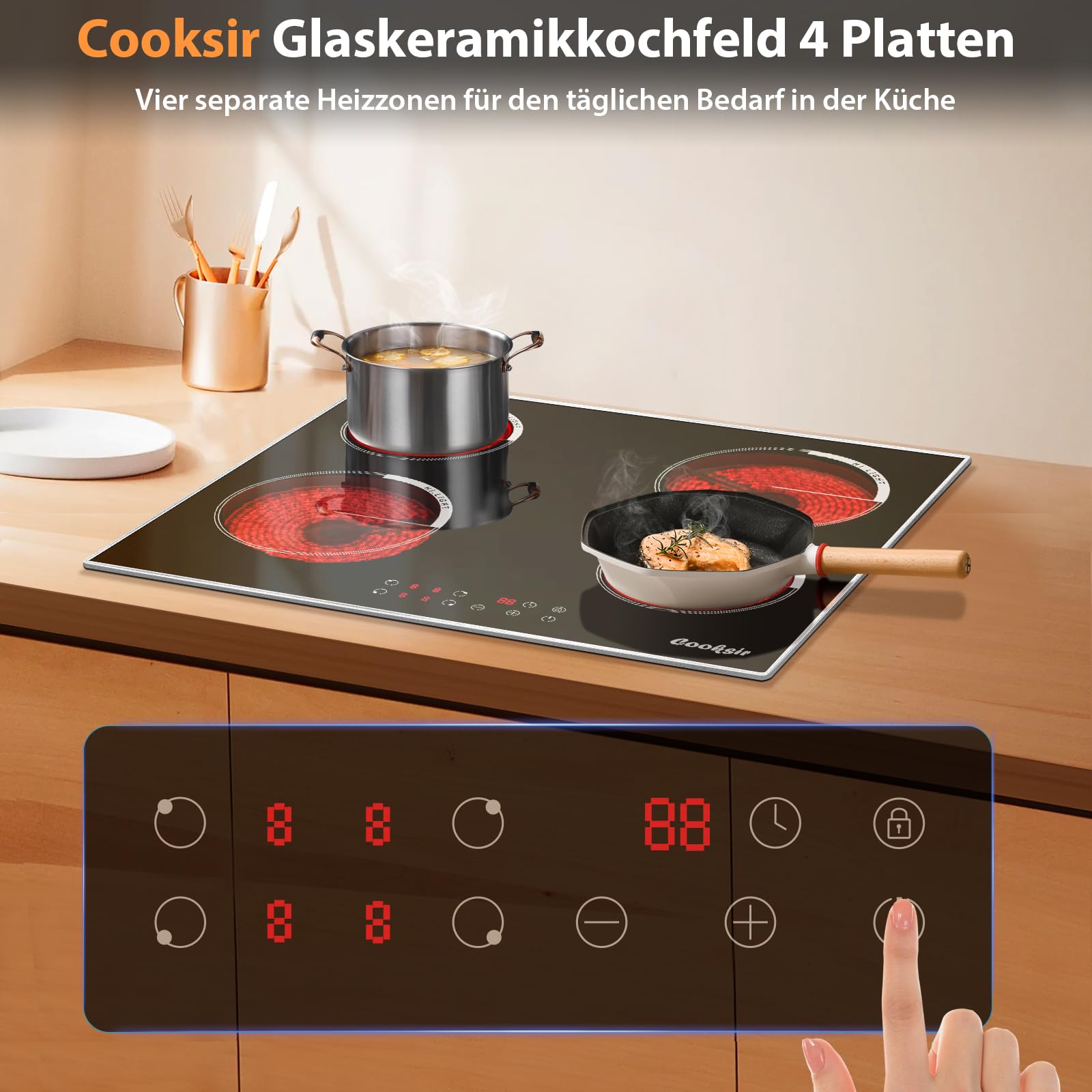 Glaskeramikkochfeld 4 Platten 60cm Einbau Kochfeld Autark 6000 Watt 9 Leistungsstufen Edelstahlrahmen Sicherheitsschloss 220V
