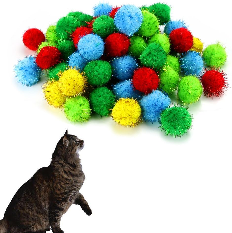TKOnline 100 Piece Assorted Color Sparkle Balls Glitter Tinsel Balls My Cat's All Time Favorite Toy Pom Ball for Cat Toys cat Toys,cat Balls,cat Toys Balls,pom Balls Cats,Sparkle Balls for Cats