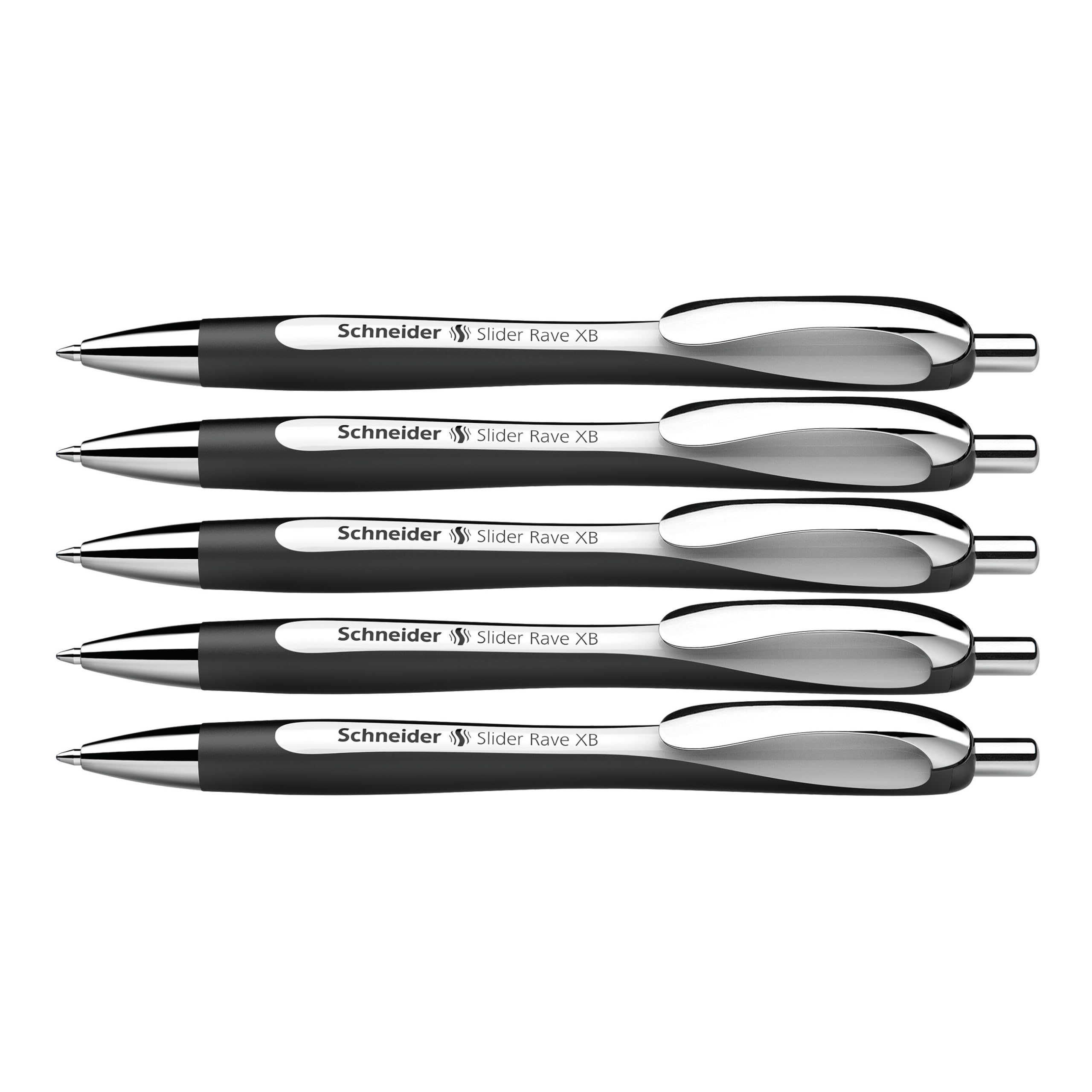 Schneider Limited Edition Slider Rave Black, XB (Extra Broad) Ballpoint Pen, Refillable + Retractable, 1.4 mm, White-Black Barrel, Blue Ink, Box of 5