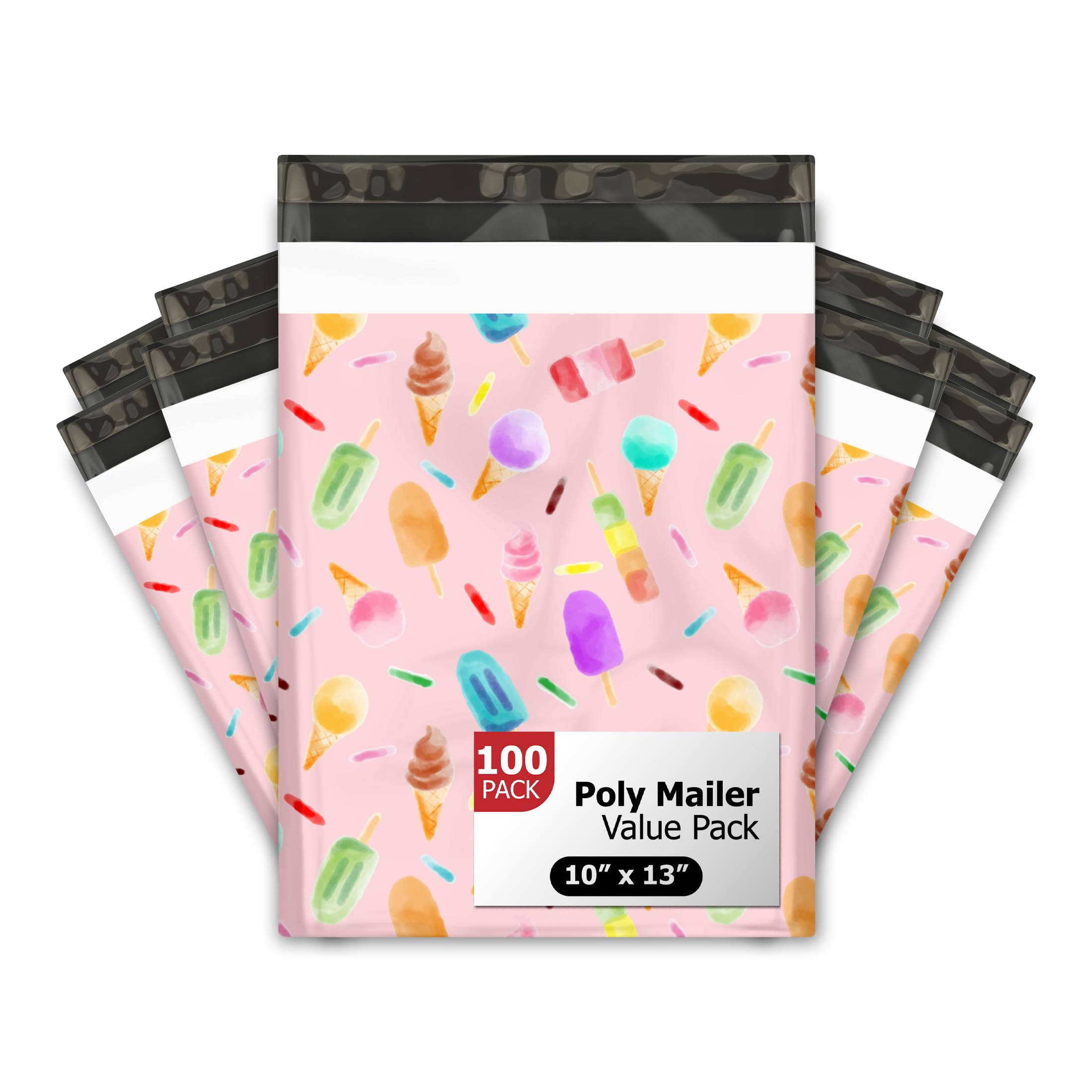 10x13 (100) Ice Cream Treats Summer Designer Poly Mailers Waterproof Self Sealing Tear Resistant Polymailers Shipping Envelopes Premium Printed Bags