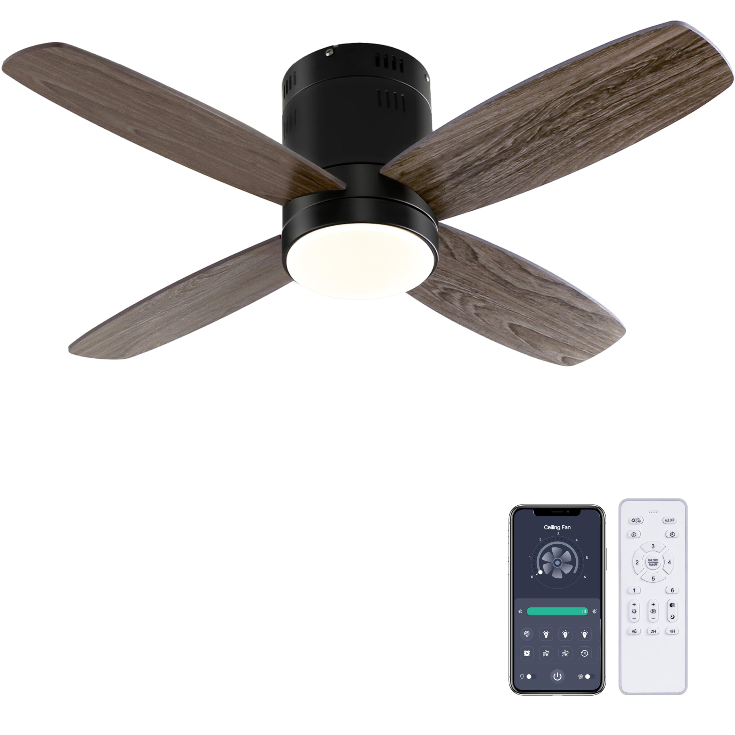 Ohniyou Ceiling Fan with Lights - 38'' Small Flush Mount Ceiling Fans Remote & APP Control - Dimmable Indoor Outdoor Quiet DC Low Profile Ceiling Fan for Patio Kitchen Bedroom(Black)