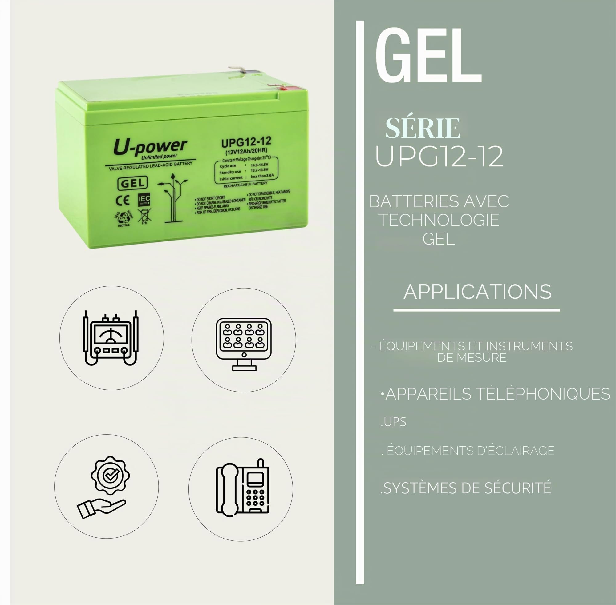 U-Power Batterie Plomb Gel 12V 12Ah F2 6,3mm