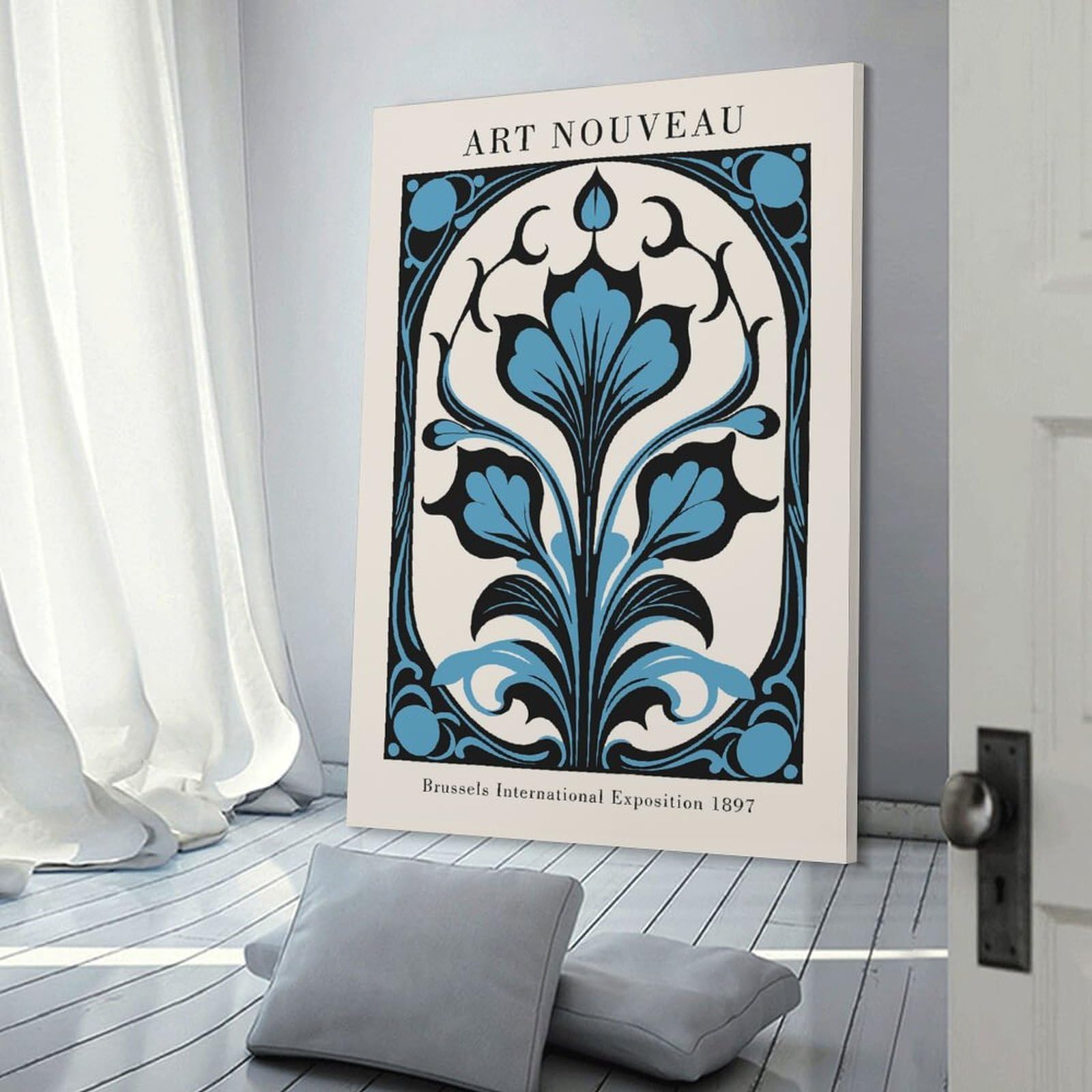 Junmoney Blue Floral Art Nouveau Canvas Wall Decor 20x30inch(50x75cm), for Entrance Walls, Hall Decor Or Foyers, Wall Decor to Refresh Empty Corners