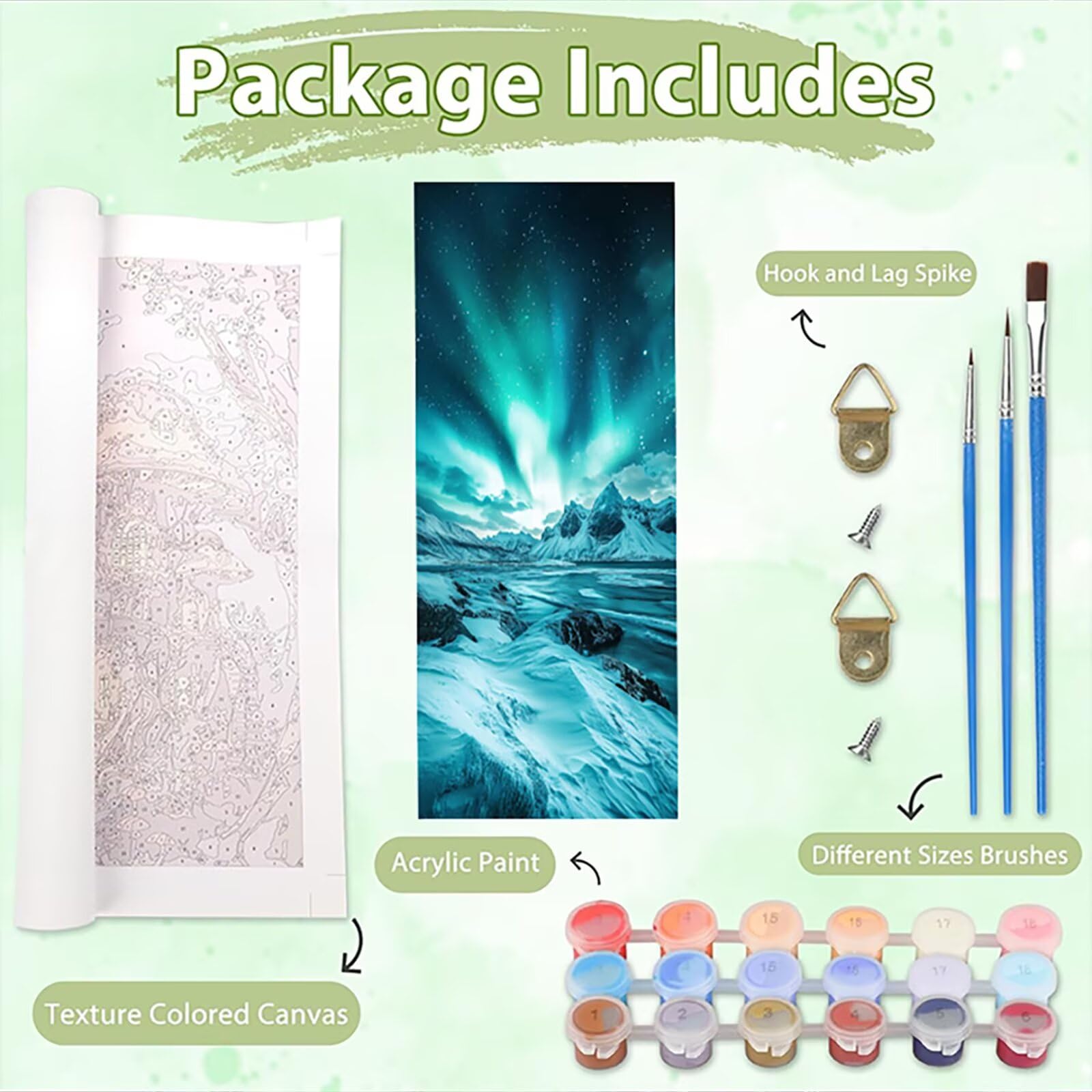 Malen Nach Zahlen 50x150cm Leinwand Aurora Malen Nach Zahlen Erwachsene mit Ohne Rahmen, DIY Kreativ Set für Erwachsene mit Pinseln und Acrylfarbe, Zimmer Deko Schneeberge Landschaft Geschenk, P0M-908