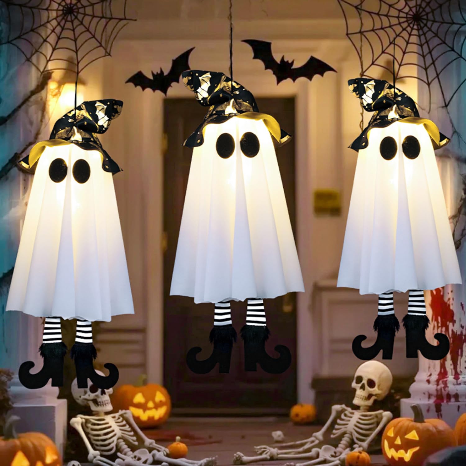 Fantôme lumineux extérieur pour cour et jardin lot de 3 décorations d'Halloween suspendre