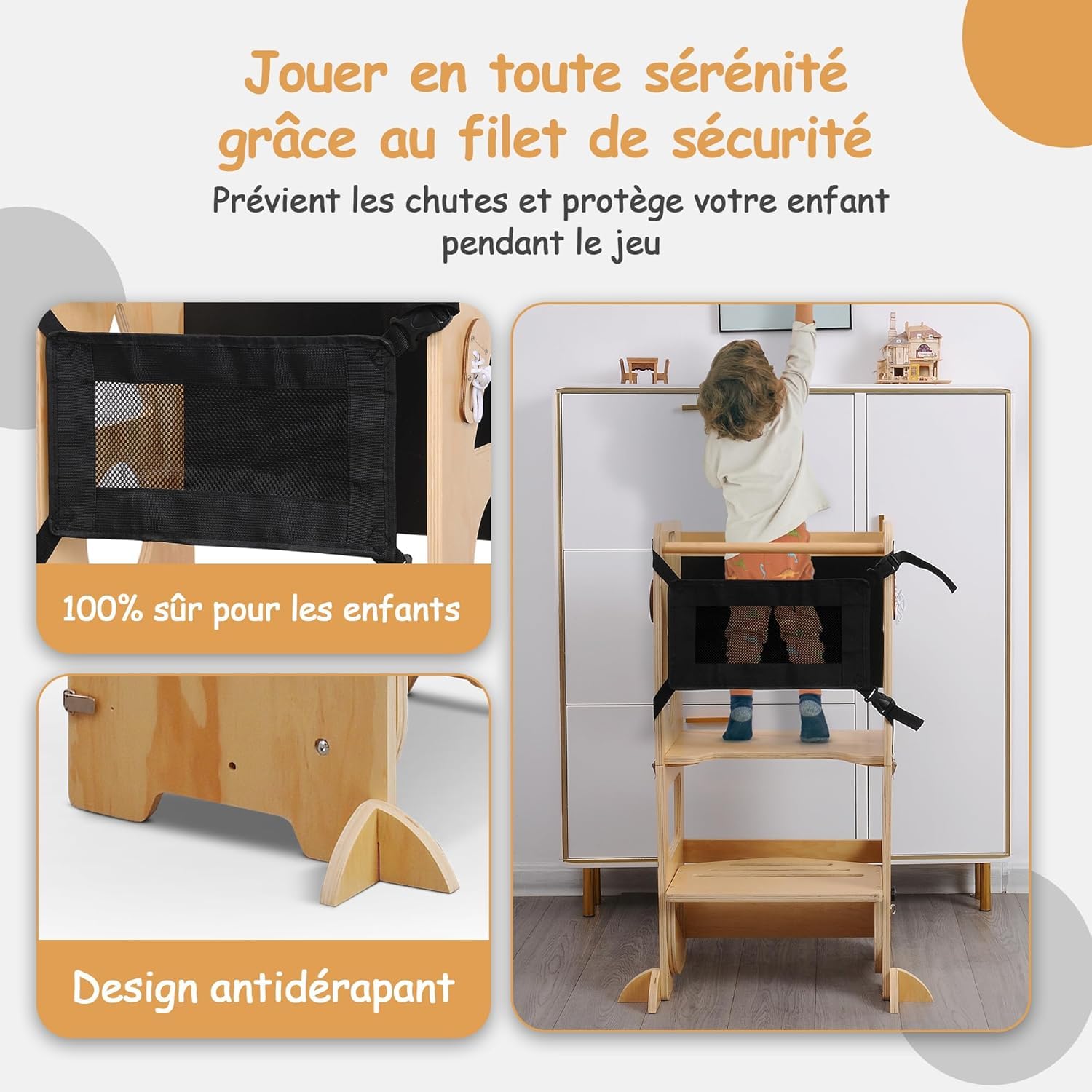 Olvy Kids 3-en-1 Tour d'apprentissage Montessori – Tabouret en Bois Pliable – Marchepied Enfant 3 Marches – Escabeau dès 1 an