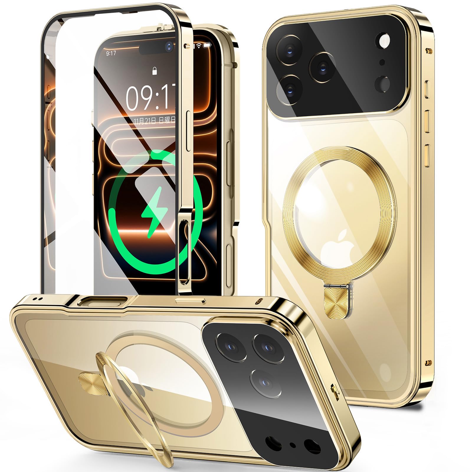 HGUTREY【スタンド機能付き・アクションボタン】 iPhone17 Pro Max 用 ケース クリア ロック付き CDリング・MagSafe対応 9H強化ガラス PC背面 一体型レンズ保護 アイフォン17プロマックスケース 両面 ストラップホール付き アルミバンパー メタルフレーム 高感度タッチ ワイヤレス充電対応 アイホン17 Pro Max 用 カバー 6.9インチ（ゴールド）