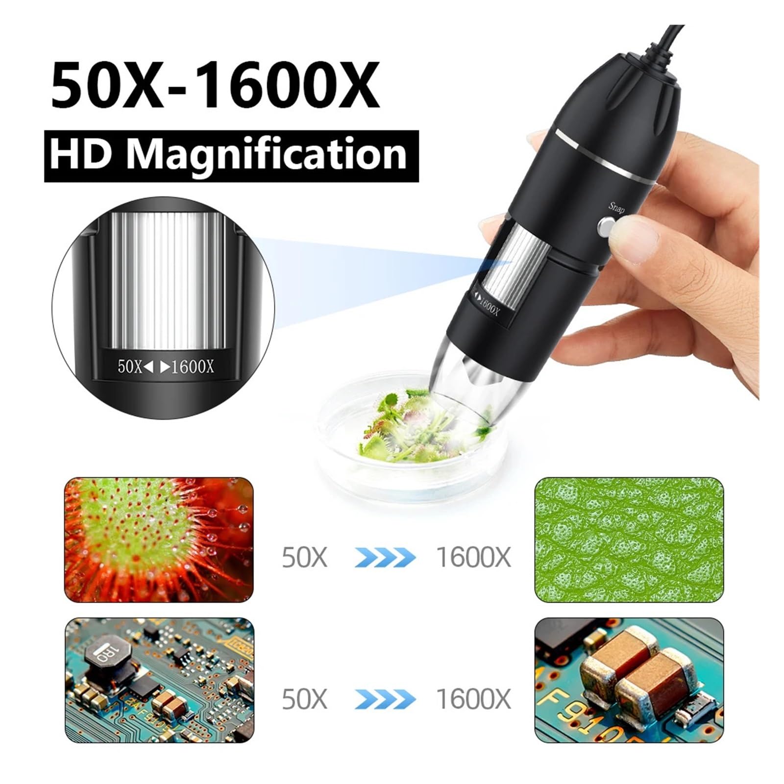 1600X USB Digital Microscope 3in1 Type C Electronic Microscopes for Soldering 1080P HD with 8LEDs Compatible(3in1 2MP)