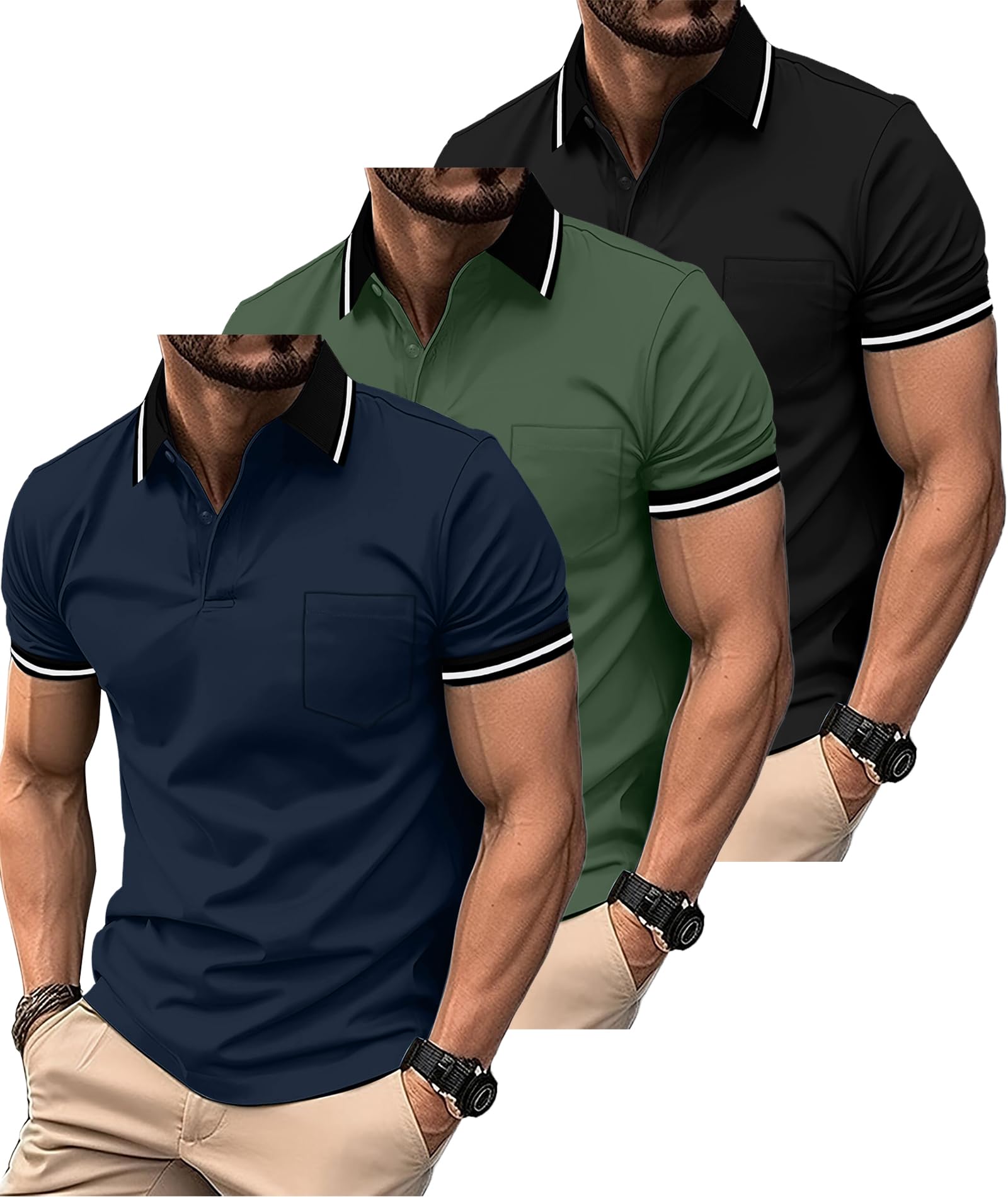 ZITY 3 Pack Men Polo Shirts Short Sleeve with Pocket Sport Wicking Shirts for Men Casual Athletic Collared T-Shirts