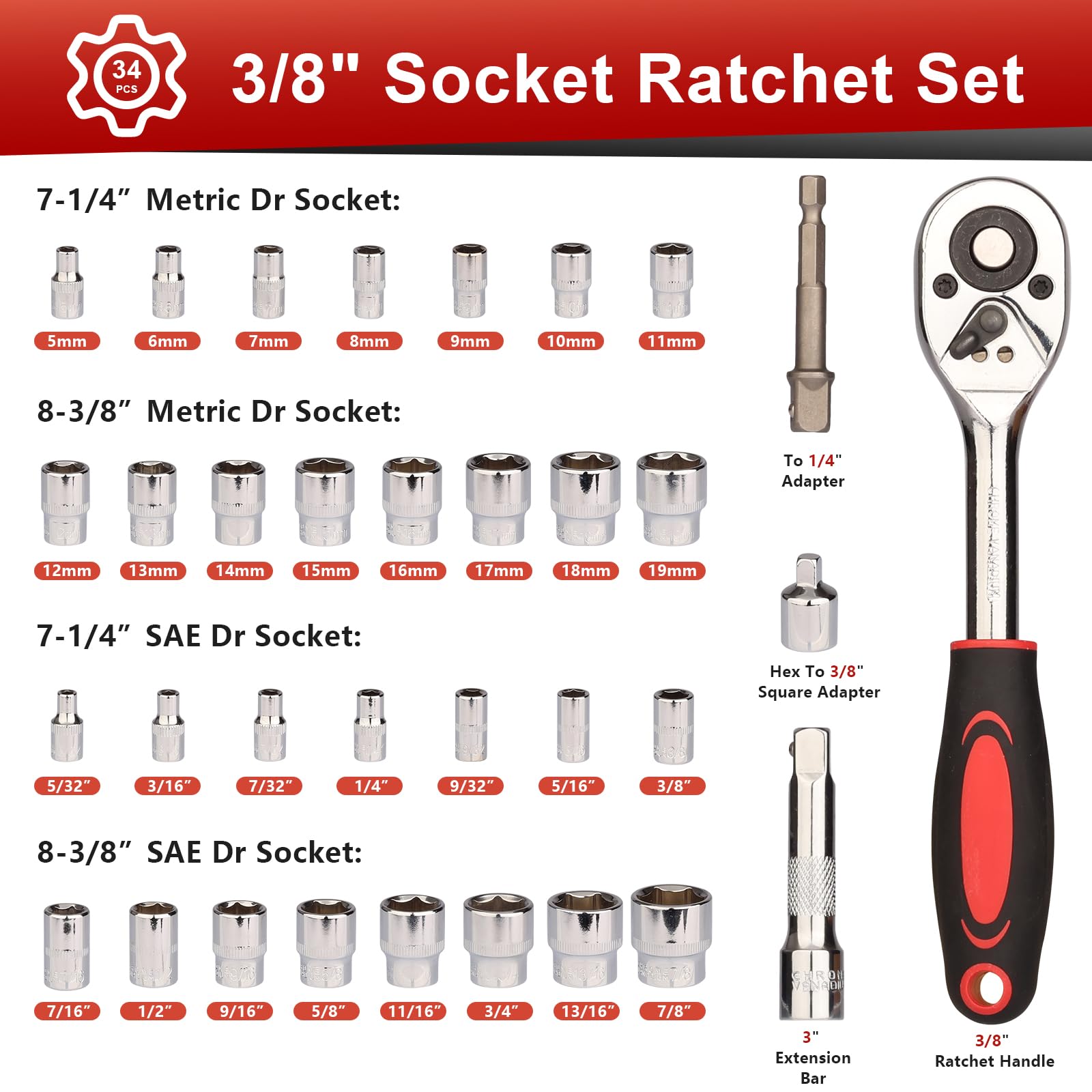 EGOFINE 34 Pieces 3/8 inch Drive Socket Ratchet Wrench Set, with Socket Set Metric/SAE and Extension Bar for Auto Repairing and Household, with Storage Case - Image 2