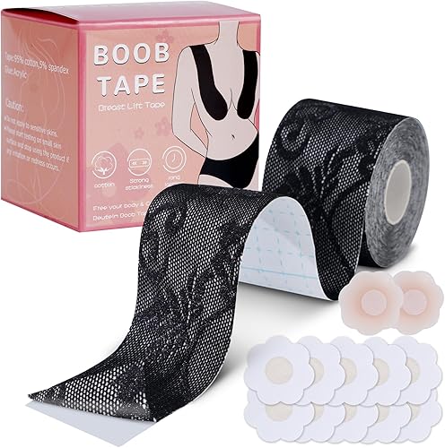 BEWTEIM Cinta de pecho para levantamiento de senos, cintas de encaje para levantamiento de senos, cintas para senos push up, encaje floral, Negro -