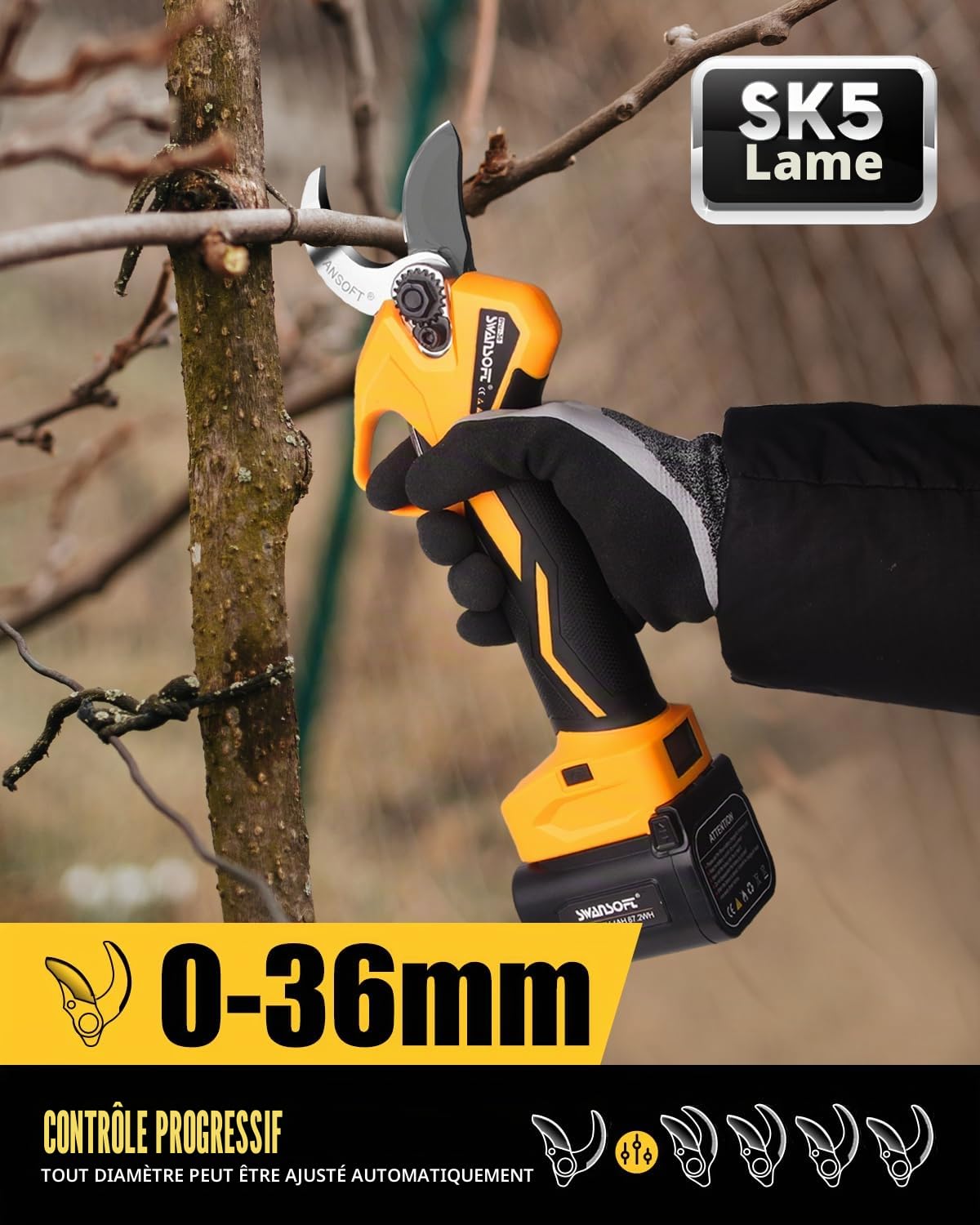 [Silencieux et Durable] SWANSOFT PRU36 Secateur Electrique Professionnel, 36mm 16,8V 900W 4Ah+2Ah Sécateur Électrique sans Fil Avec Batterie Secateur Electrique Sans Fil pour Jardinage