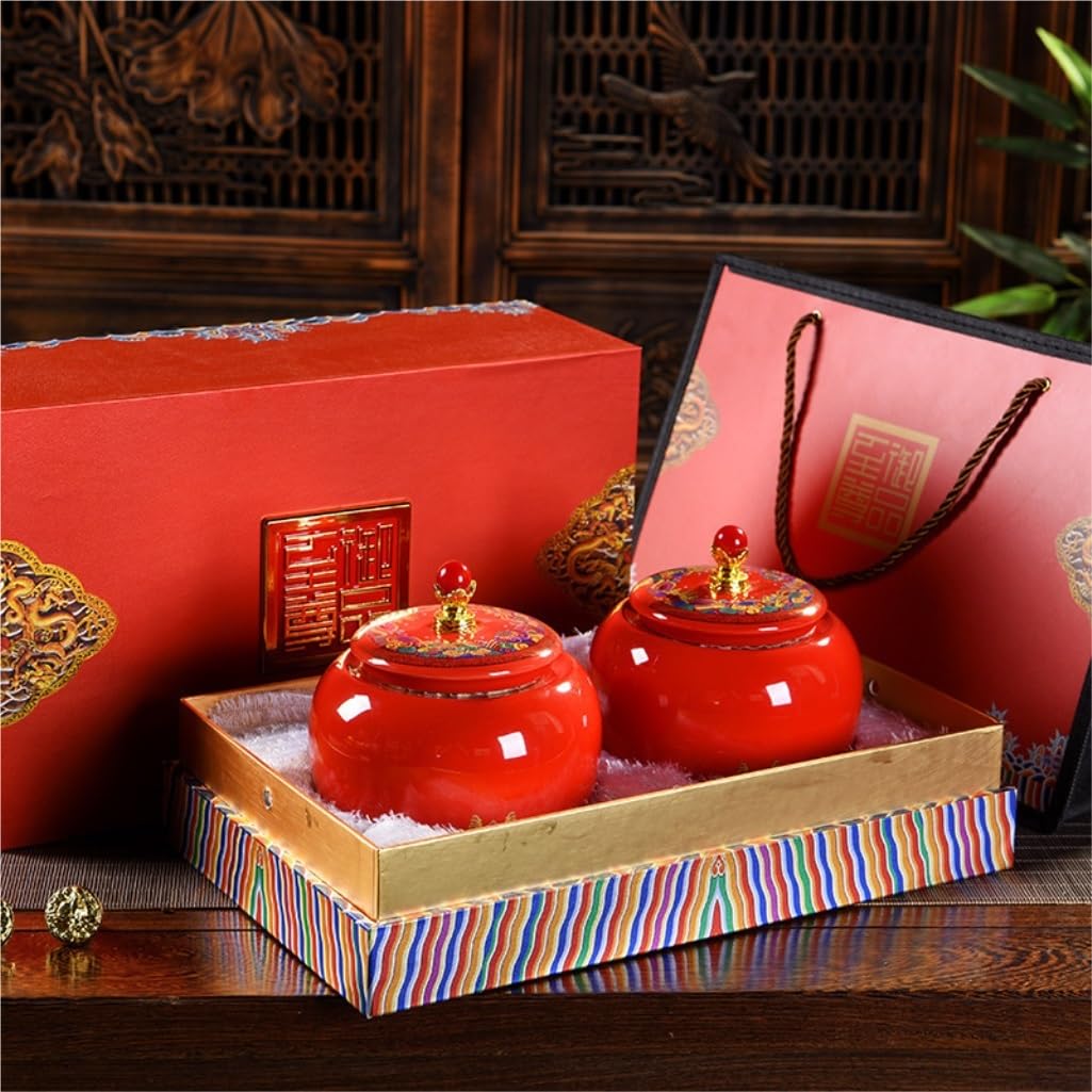Ceramiczny dzbanek na herbatę Luźny pojemnik do przechowywania herbaty Jar Home Kitchen Countertop Jar Ceramiczny chiński Retro Zestaw do herbaty Podwójny garnek Zestaw pudełek na prezent Herbata (B)