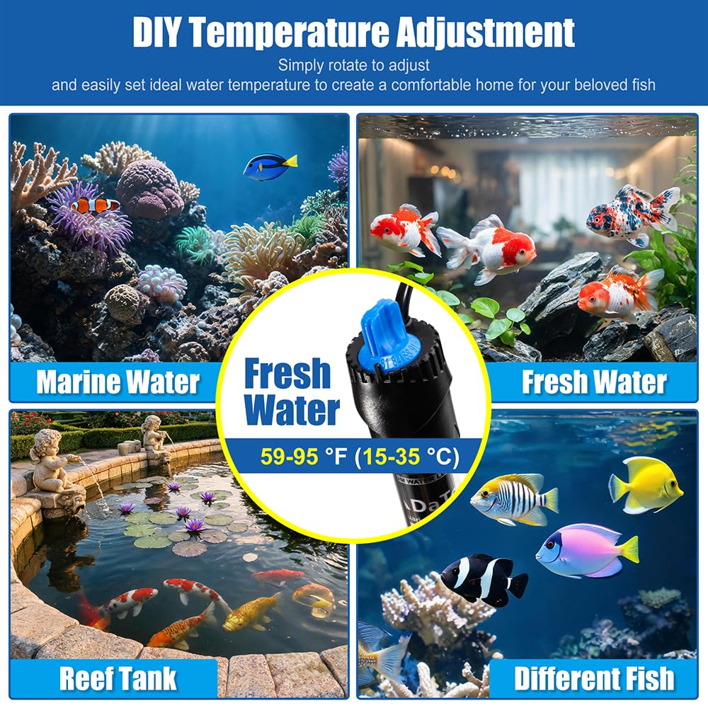 DaToo Chauffage d'aquarium submersible 500 W 500 W Thermostat réglable avec 2 ventouses et un thermomètre numérique gratuit pour eau salée et eau douce