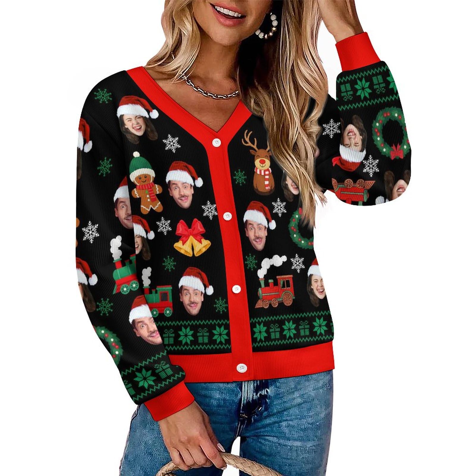 Custom Ugly Christmas Cardigan Sweaters for Women Personalized Face Sweater Funny Xmas Knit Sweater Open Front Tops