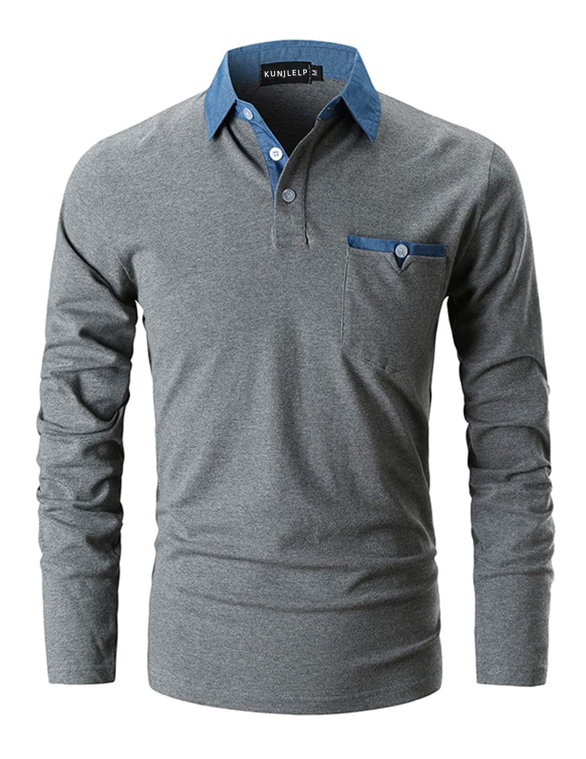 KUNJLELP Poloshirt Herren Langarm, T Shirts Männer, Hemd Herren Denim-Splice T-Shirt Golf Polo Shirt