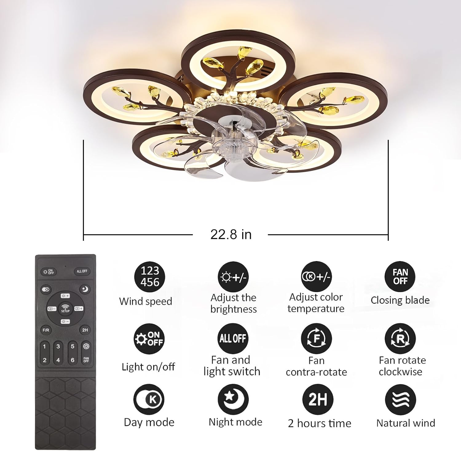 22.8 Inch Flower Ceiling Fan with Lights Remote Control, Silent 6 Speed 3 Color Dimmable Lamp with Invisible Blades for Indoor Bedroom Living Room Home Decoration (Brown)
