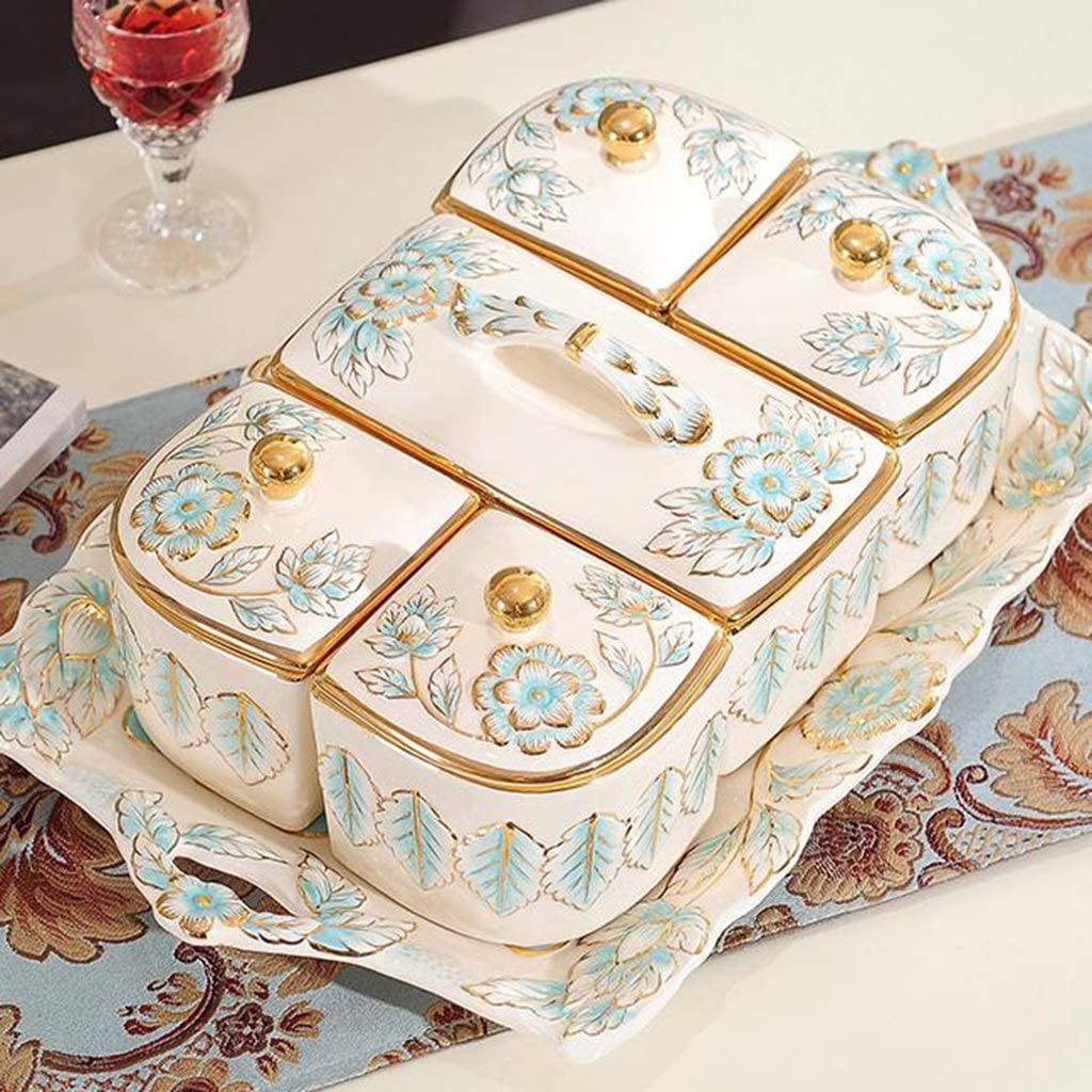Plato rectangular de cerámica dividido con tapas para frutos secos, caramelos, fiestas y sala de estar en casa