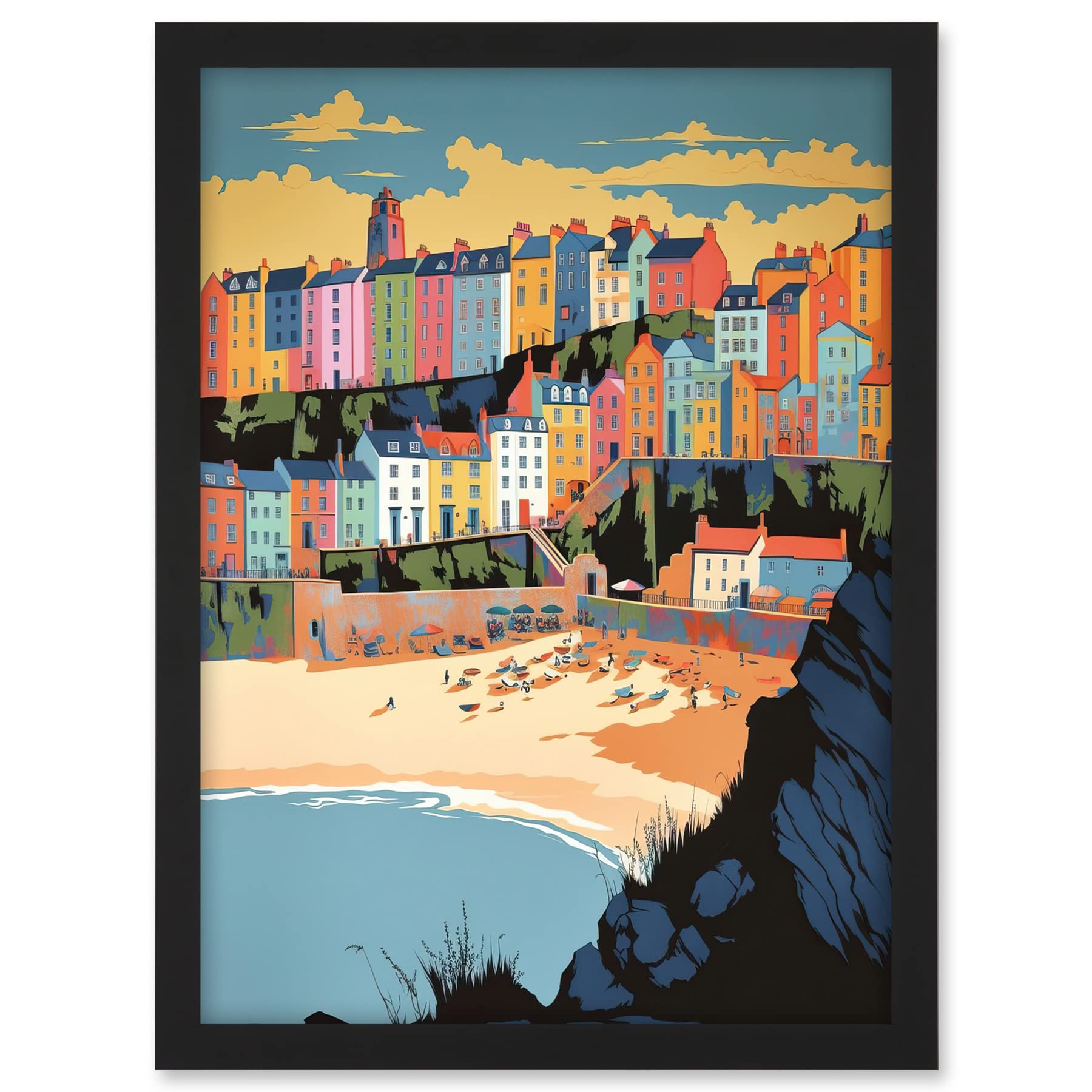 Artery8 Tenby Castle Beach Coastal Town Summer in Wales Artwork Framed A3 Wall Art Print
