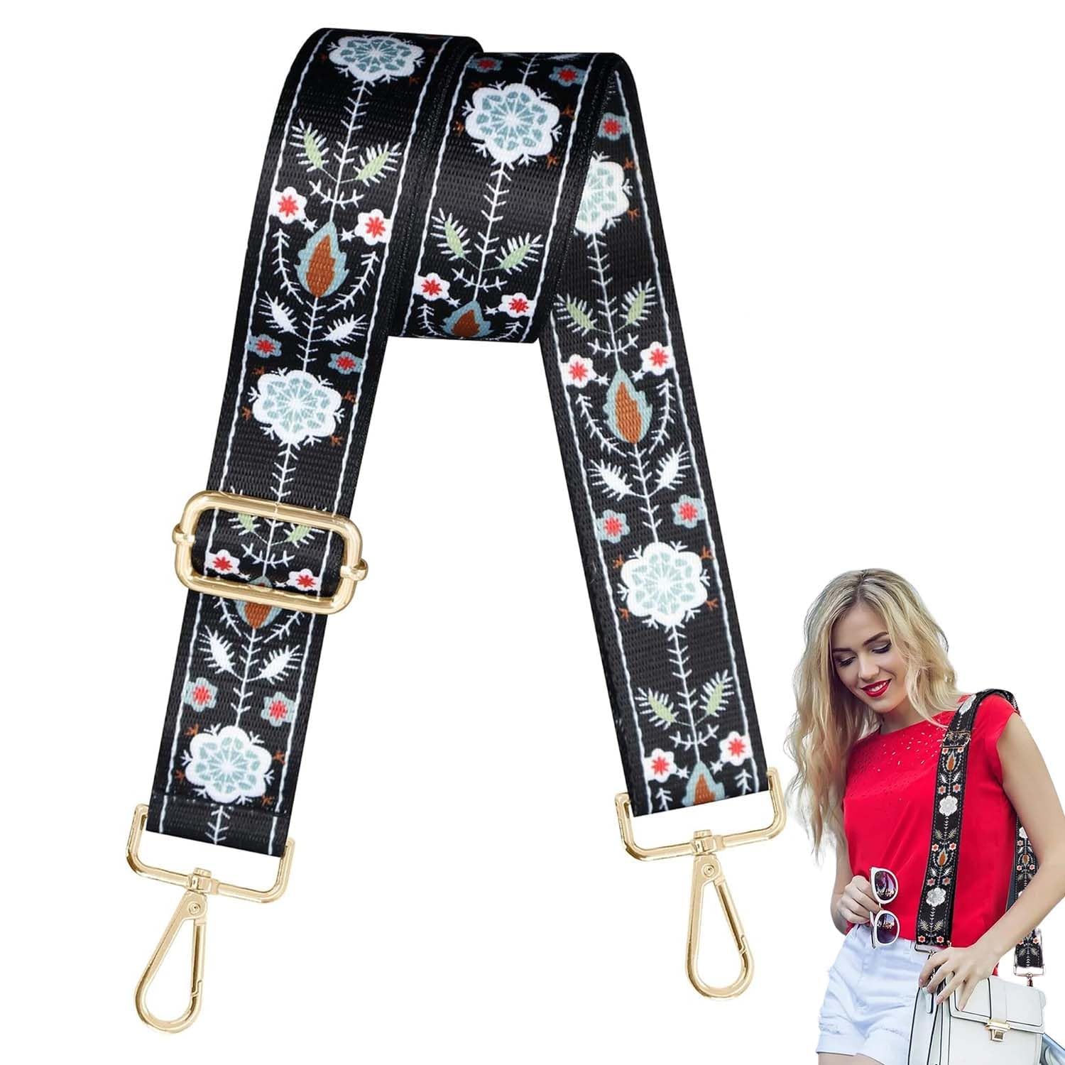 BendJoy Adjustable Purse Strap Replacement | 1.5" Wide Boho Crossbody Shoulder Strap with Snowflakes Pattern for Women | Handbag Strap with Luxury Gold Buckle for Sling Bags (Flower Black)-image-6