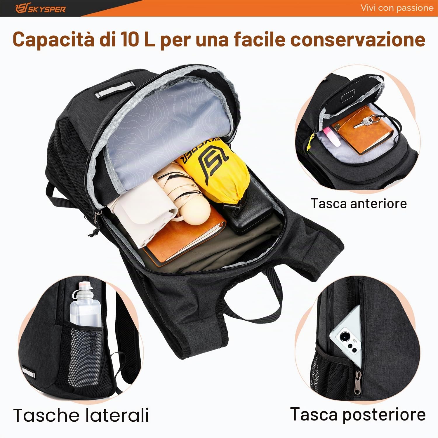 SKYSPER Zaino Ultraleggero Pieghevole 10L, Zaino Salvaspazio da Viaggio | con Strisce Riflettenti Anteriori e Posteriori per Escursioni viaggi Ciclismo Trekking
