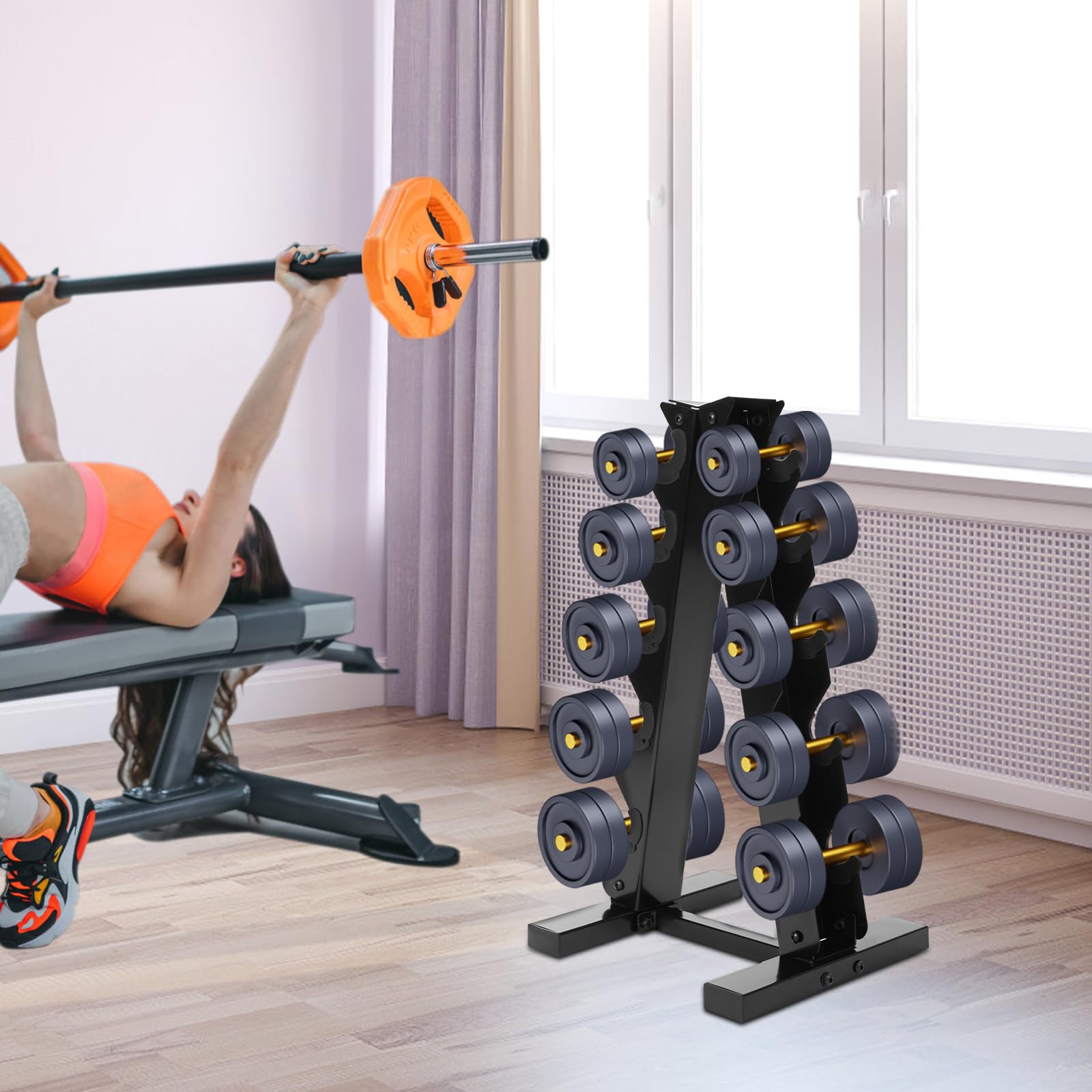 Supporto per manubri a 5 ripiani, in acciaio, 100 kg, con telaio ad A, 34 x 32 x 65 cm, salvaspazio, sottile, 13,39 pollici, antiscivolo in gomma, stabile per la casa, la palestra, l'allenamento della