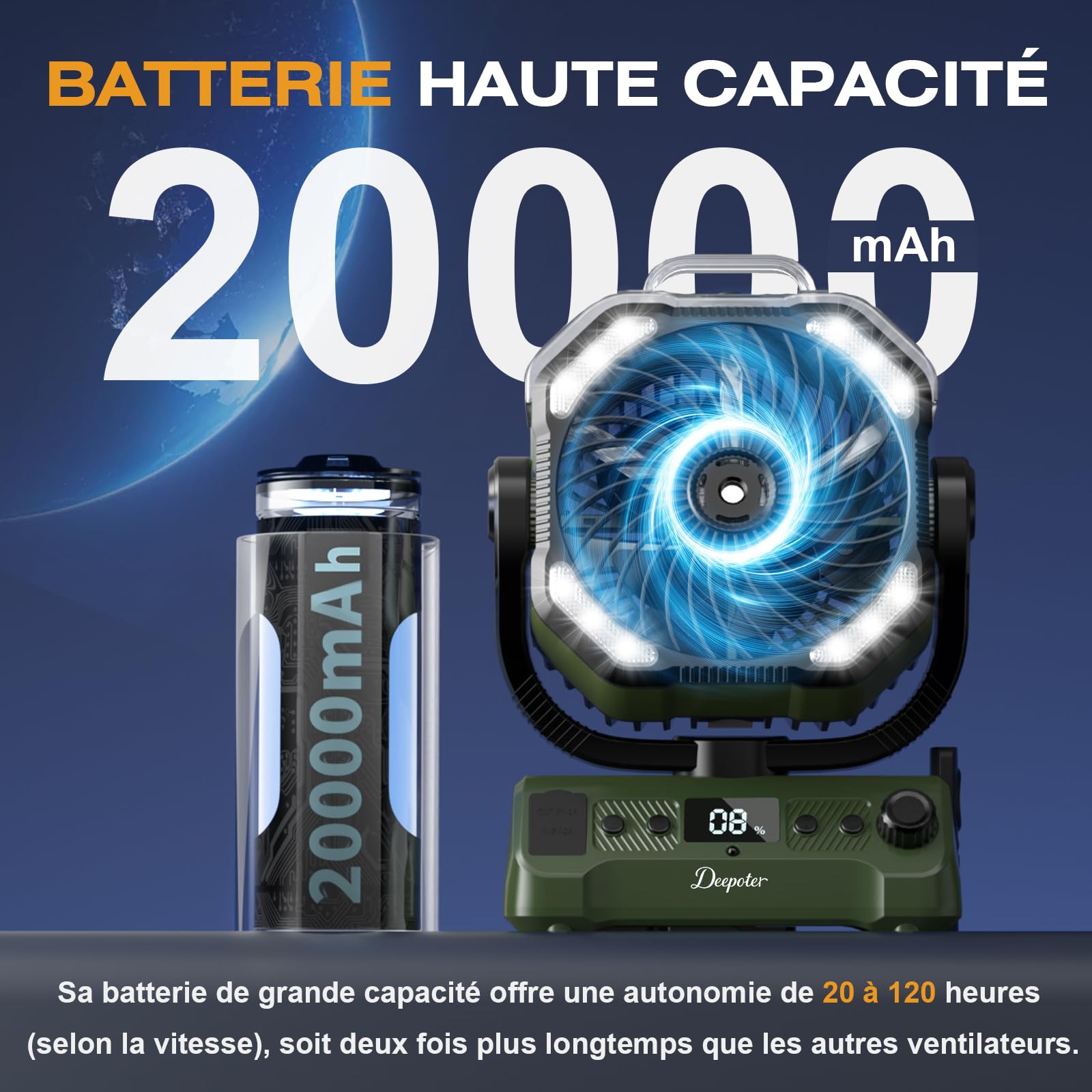 Ventilateur Camping Silencieux avec Lumière, Ventilateur Sans Fil Portable, Mist Fan Batterie Rechargeable 20000mAh avec Rotation et Minuterie, Crochet de Suspension pour Car Extérieur Bureau - Vert