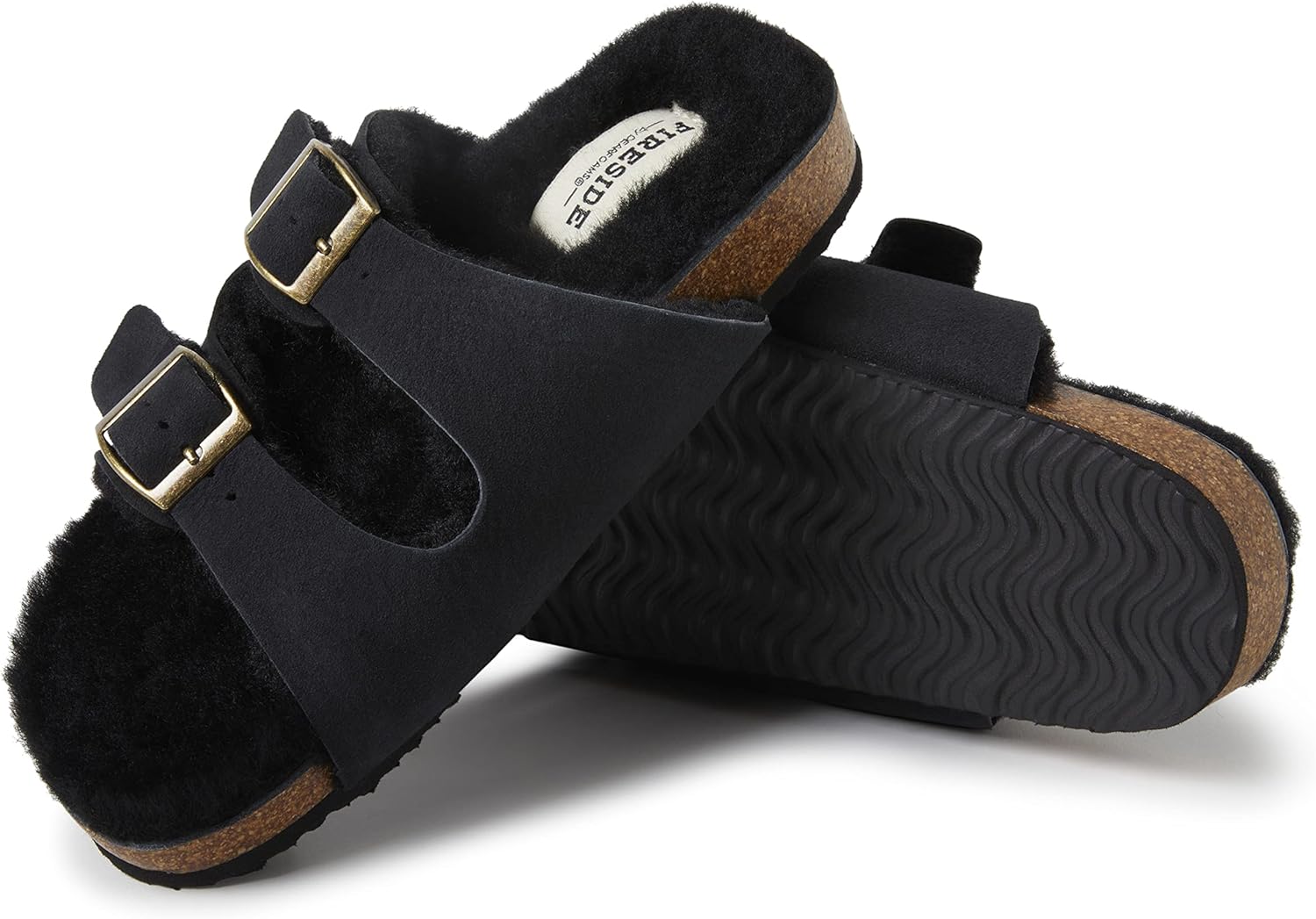 Dearfoams womens Fireside Tamworth Shearling Slide Sandal With Cork Footbed and Adjustable Buckles - Image 4