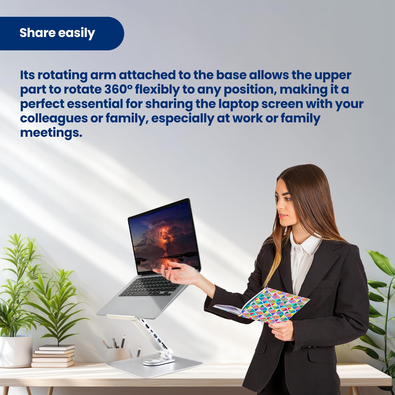 Ewent Supporto per Laptop da Scrivania in Lega di Alluminio, Supporto PC Docking Station 7 in 1 con cavo USB-C, Rialzo per Laptop Ergonomico Regolabile in Altezza con Rotazione 360°, Base Antiscivolo
