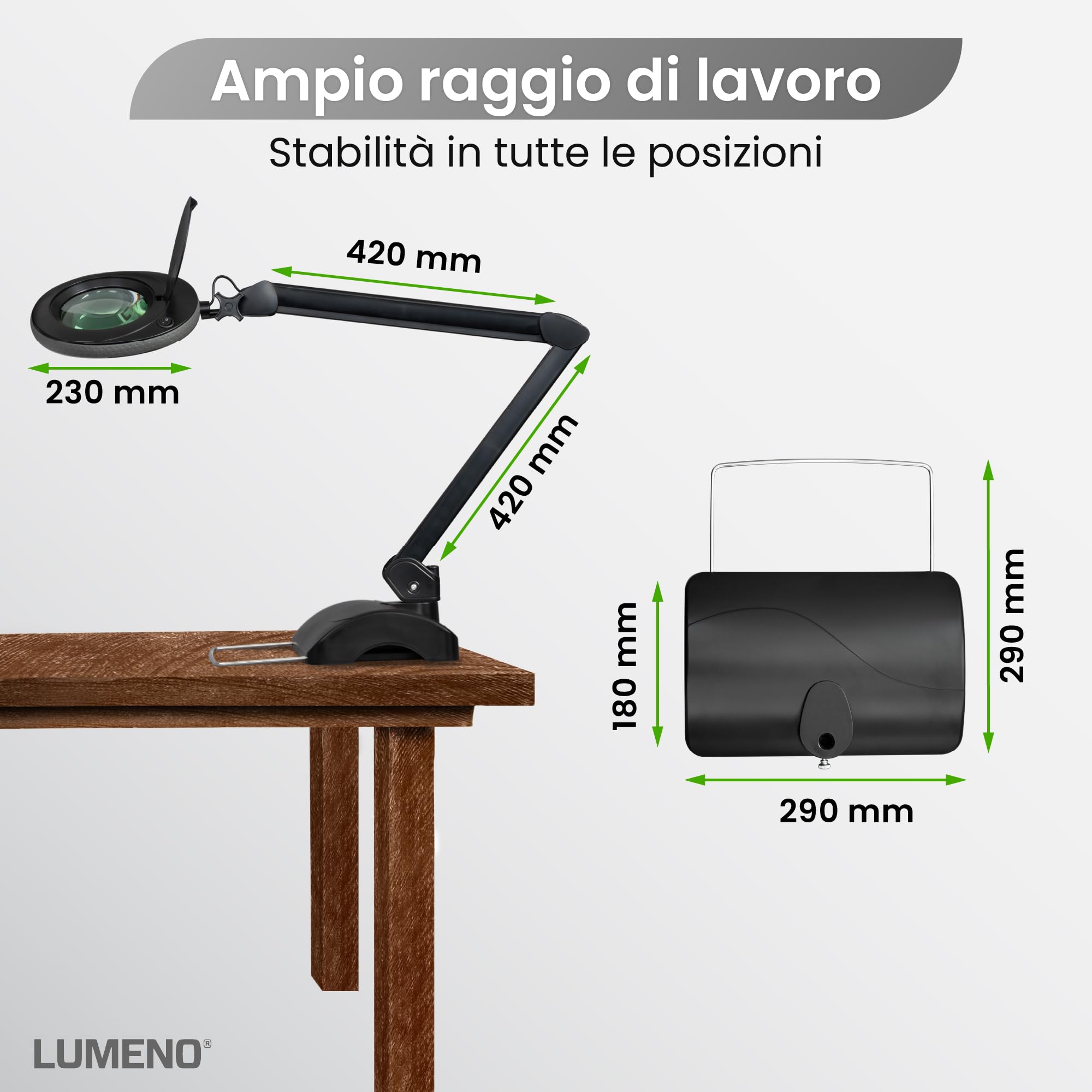 Lumeno LED lampada d'ingrandimento 7218SW, lente in vero vetro da 127 mm, lampada da lavoro, cosmetica, adatta per cosmetici, hobbisti, ausilio alla lettura, 8 diottrie nero con treppiede da tavolo