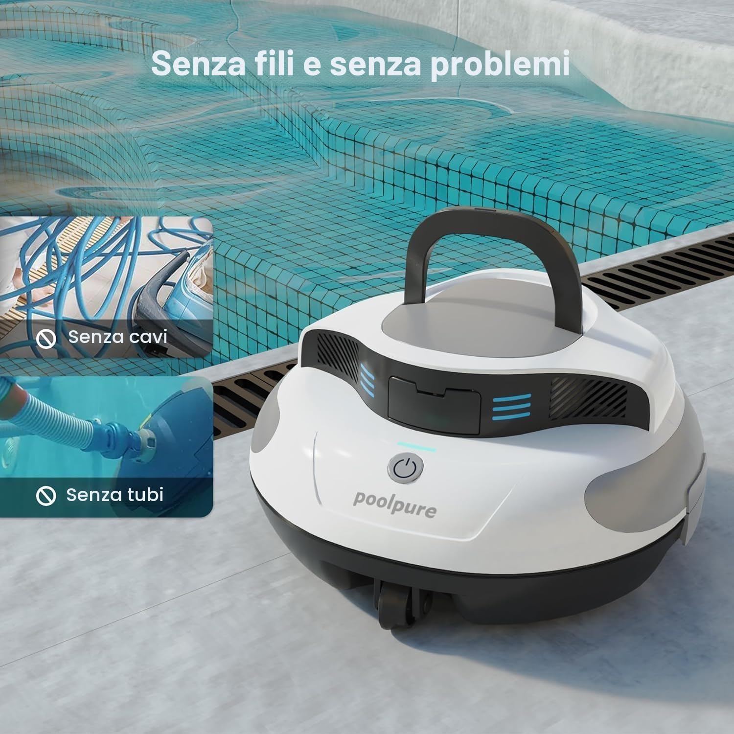 POOLPURE Robot aspirapolvere per piscina, 5000mAh, doppio motore, doppio sensore Hall, display LED, parcheggio automatico, impermeabile IPX8, aspirapolvere per piscina senza fili