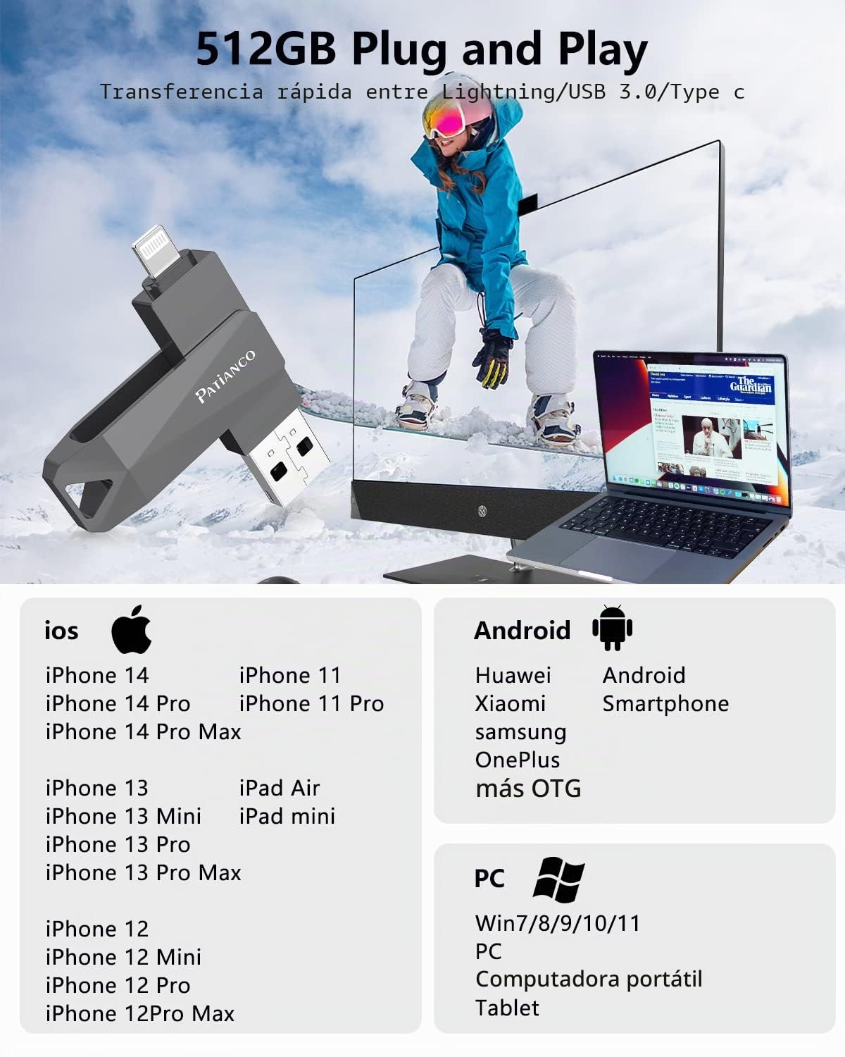 512GB Pendrive USB para iPhone Patianco MFi Certificado USB 3.0 Memoria USB para iPhone iPad 3 en1 Flash Drive Externa Storage Photostick Lightning para OTG Android Smartphone Tablet Mac PC iOS(Negro)