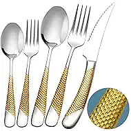 Runfly 20 Piece Hammered Gold Silver Silverware Set, 18/10 Stainless Steel Flatware Set, Modern Kitchen Utensil Set Service for 4, Tableware Set, Cutlery Set Including Fork Spoon and Knife