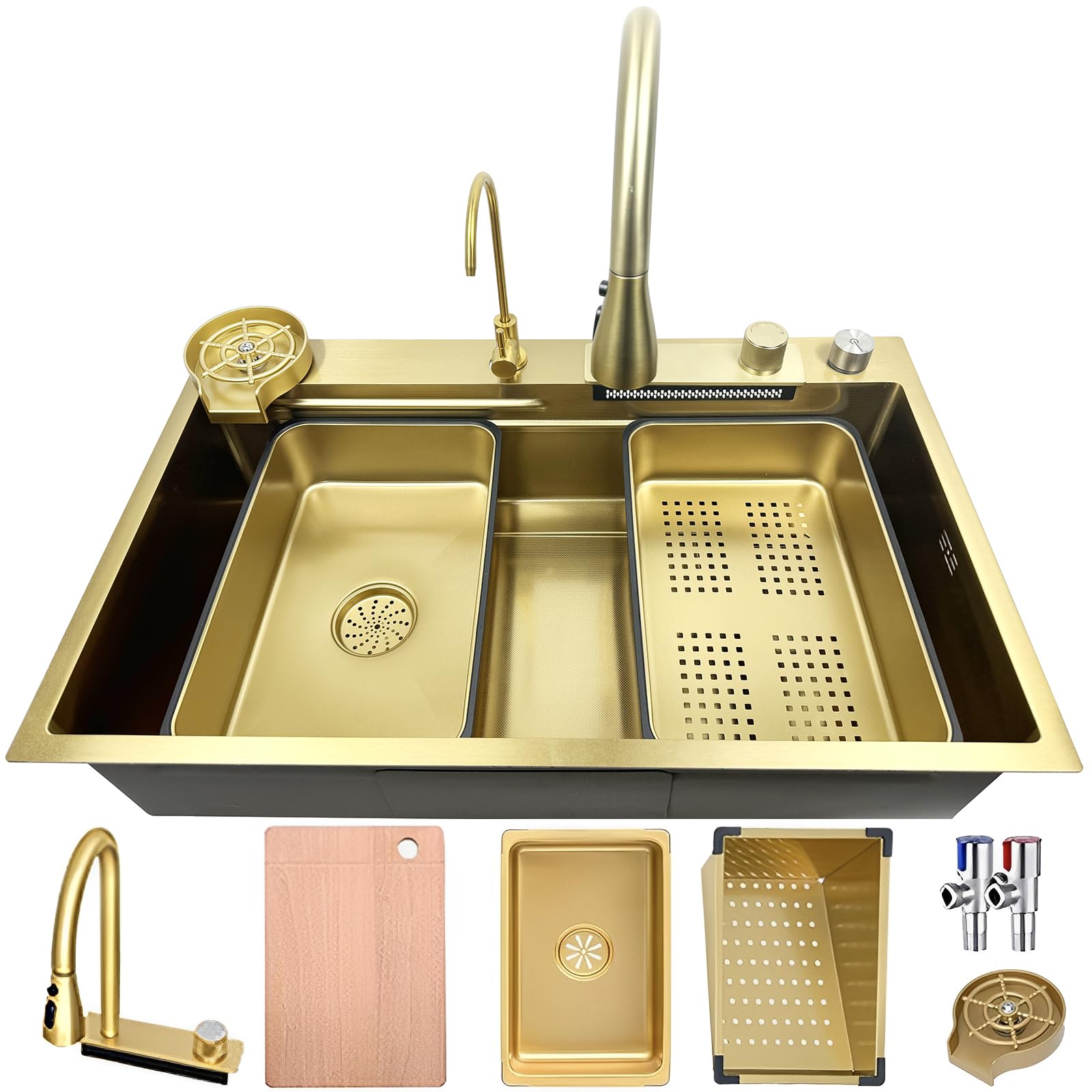 WIQUYBML Golden 80×45cm Kitchen Sink Waterfall Multifunction Bar Counter Nano Coating Workstation with Retractable Tap and Complete Set of Accessories