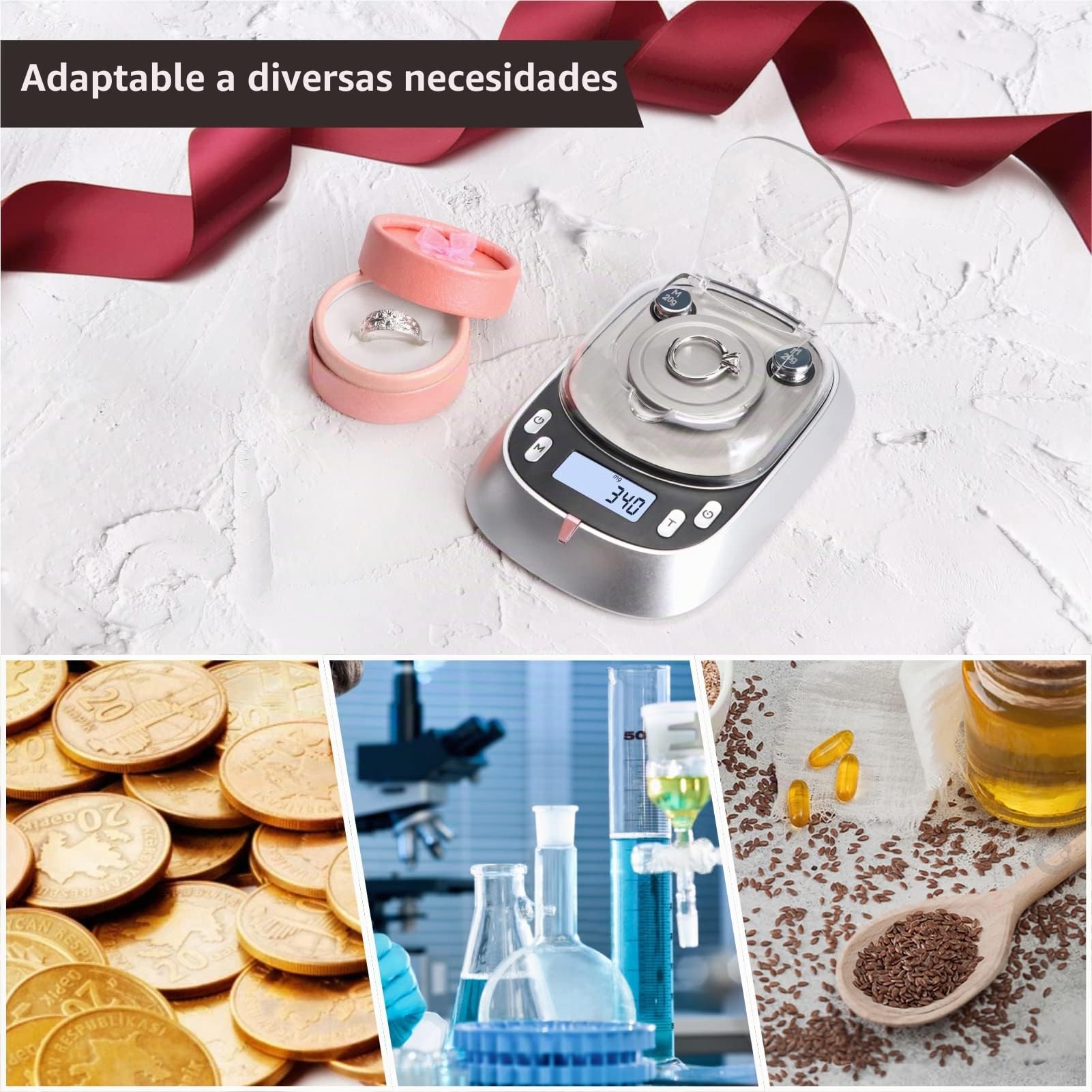 Báscula de miligramos, 50 g-0,001 g, 7 unidades, báscula de alta precisión con retroiluminación LCD, escala de mini gramos con función de tara, escala mg para polvo, oro, joyas (pilas incluidas)