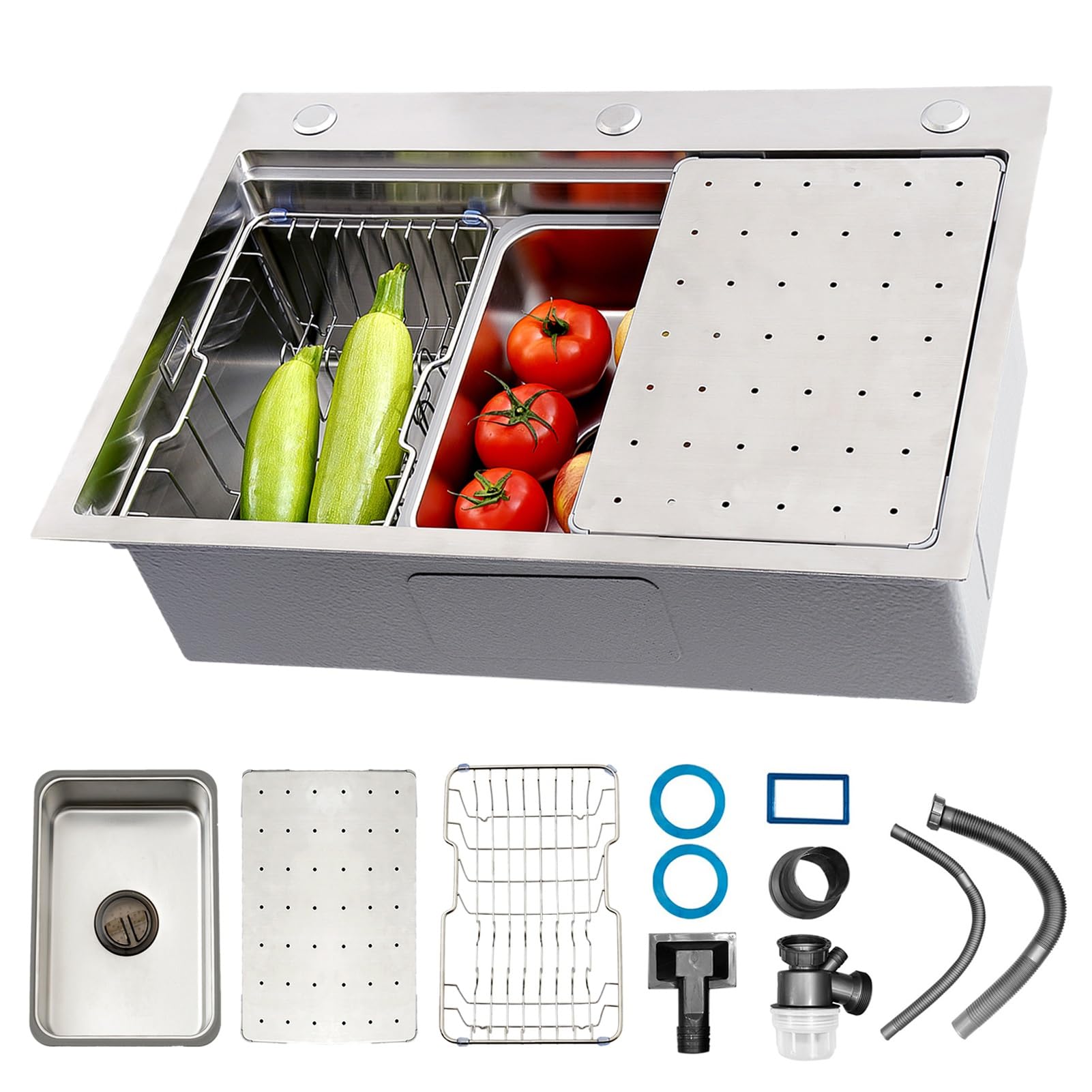 Fregadero Cocina Grande Acero Inoxidable 304, Fregadero 1 Seno Plateado, Fregaderos Un Seno Con Canasta De Drenaje, Para Instalación Bajo Encimera, Sobre Encimera(B,60x50x22cm)
