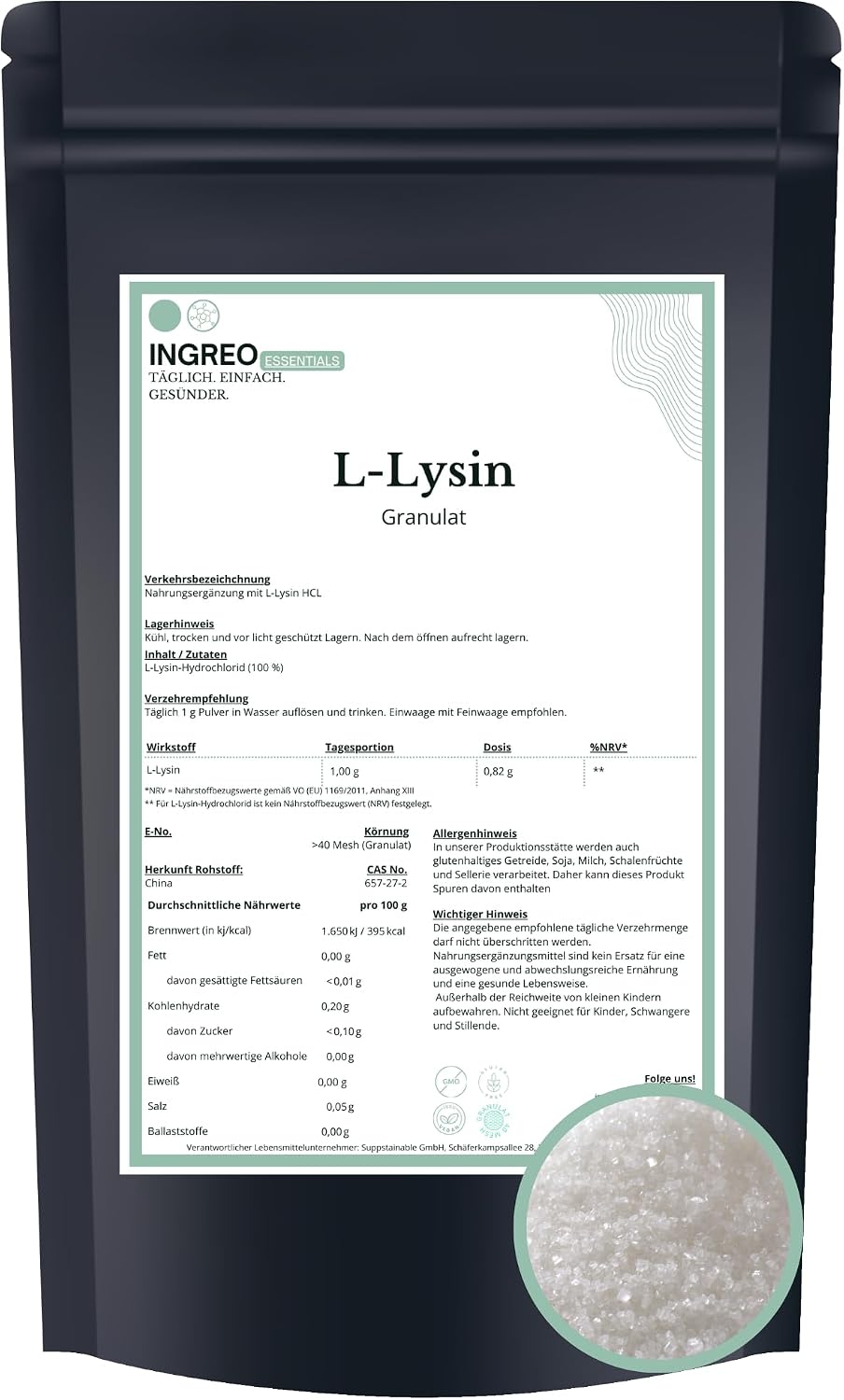 500 g L-Lysine HCl Granules Essential Amino Acid Lysine Hydrochloride Even Grain Low Dust Easy to Dose No Additives Supplement Raw Material INGREO